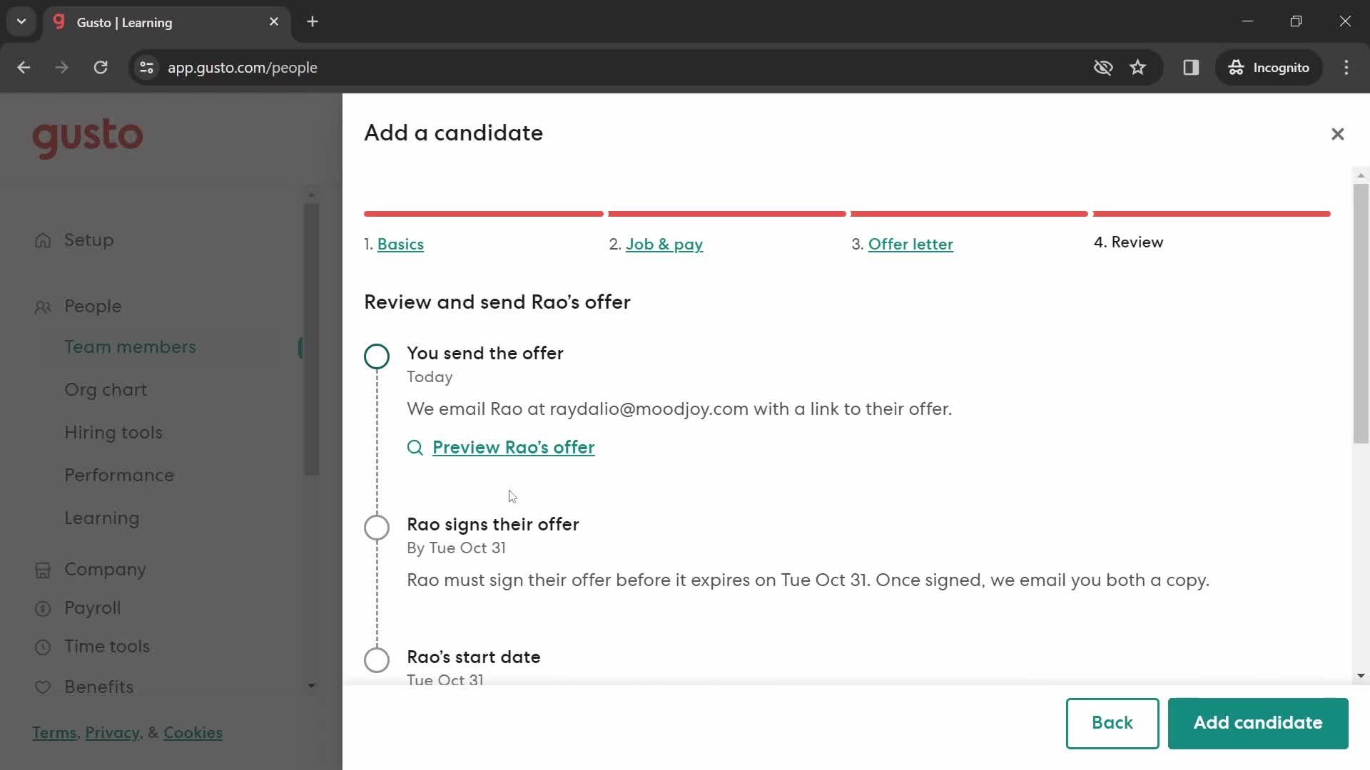 Gusto add candidate screenshot