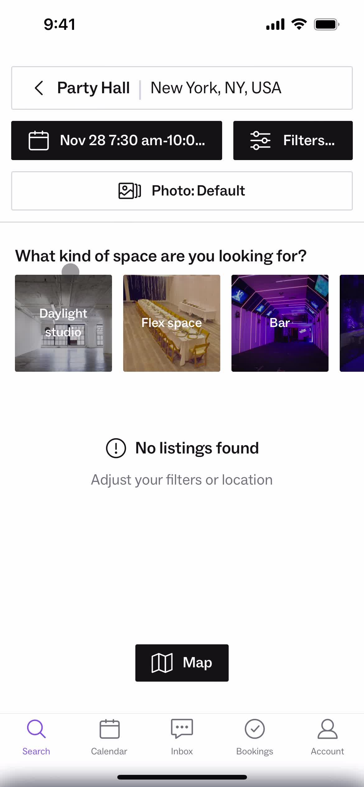 Peerspace no search results screenshot