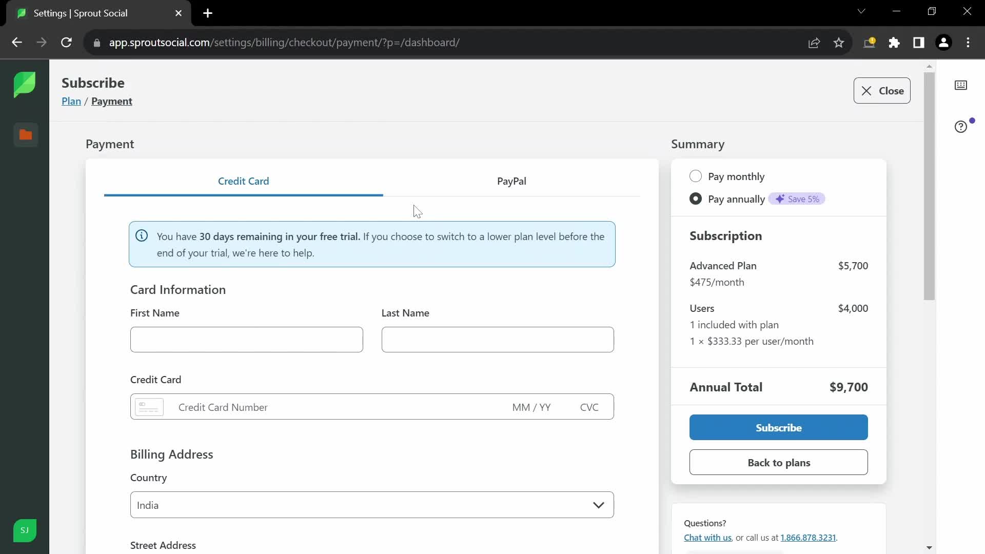 Sprout Social add payment details screenshot