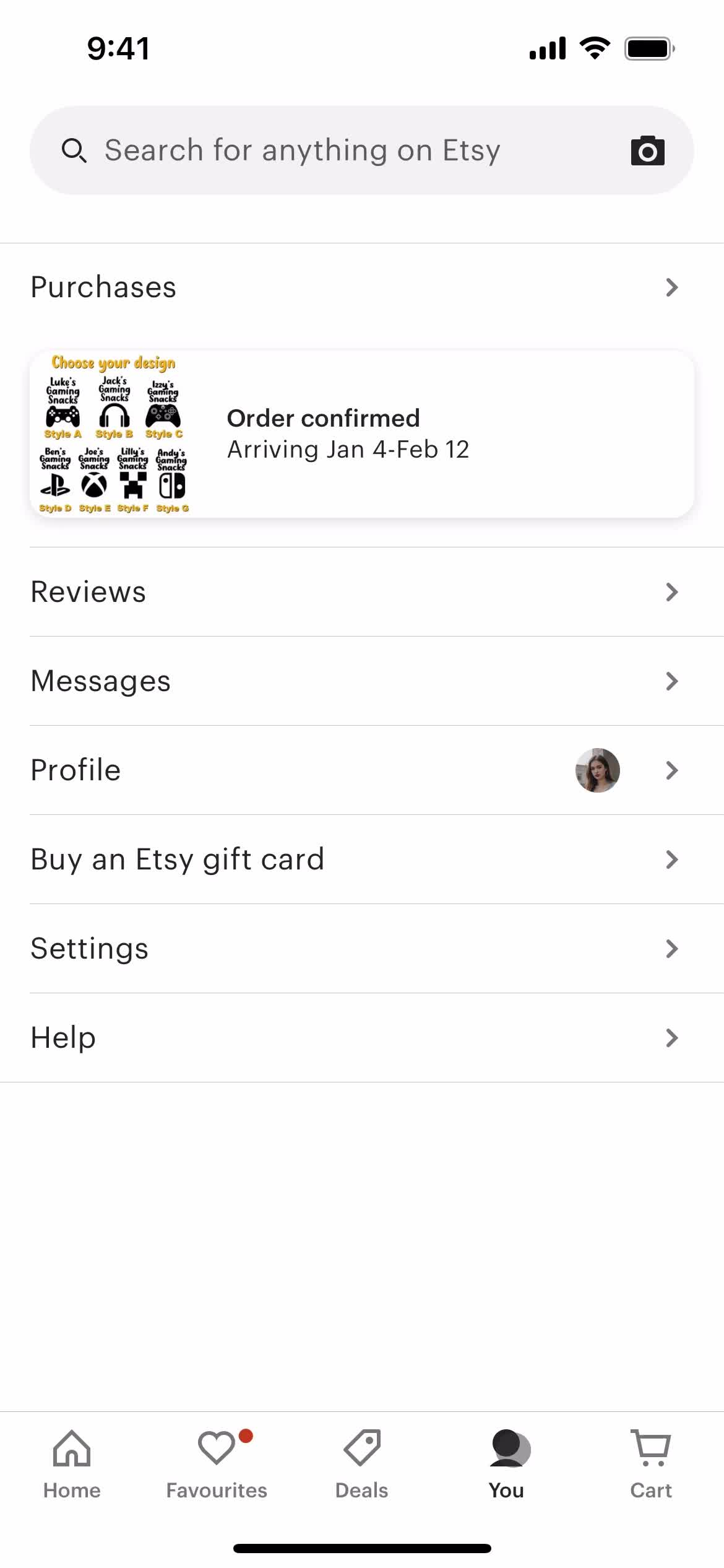 Etsy account screenshot