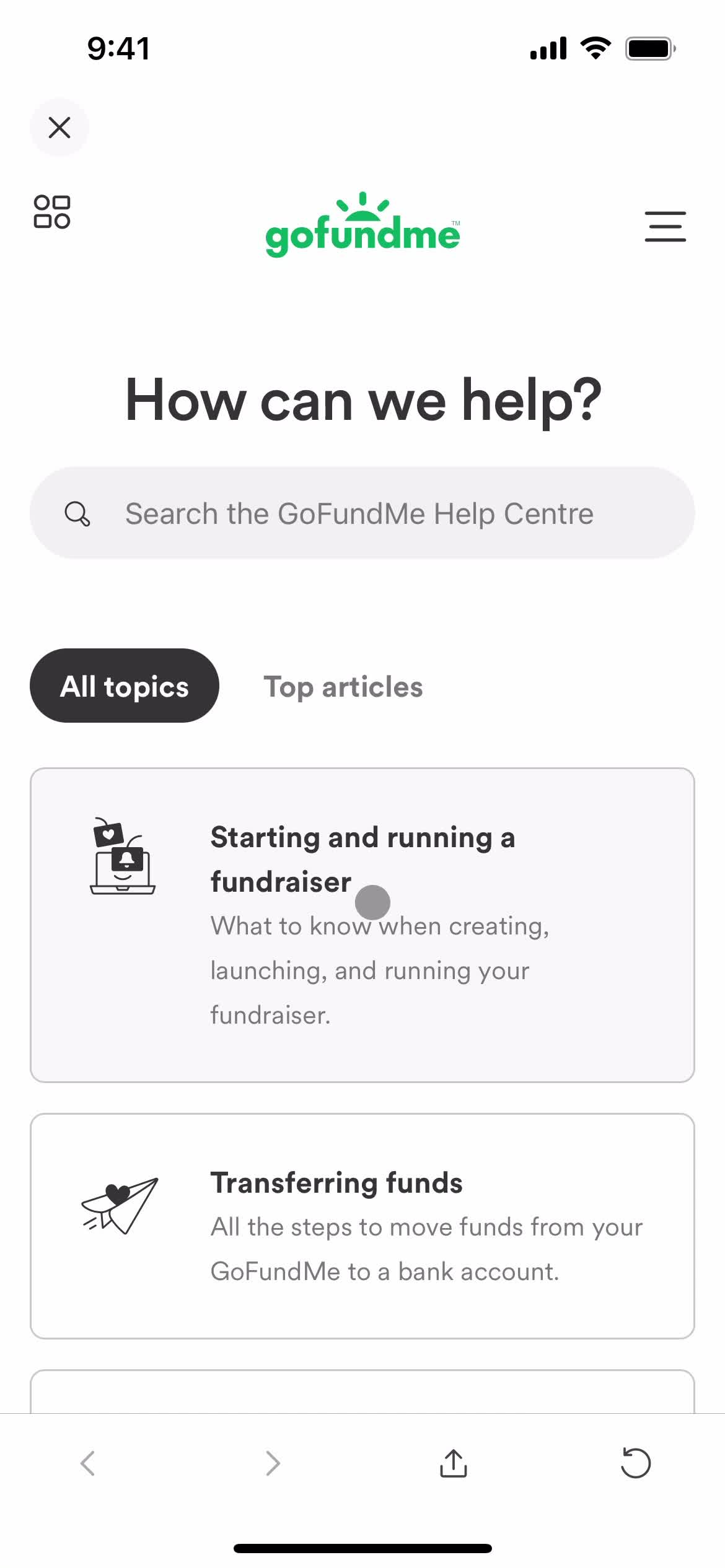 GoFundMe help center screenshot