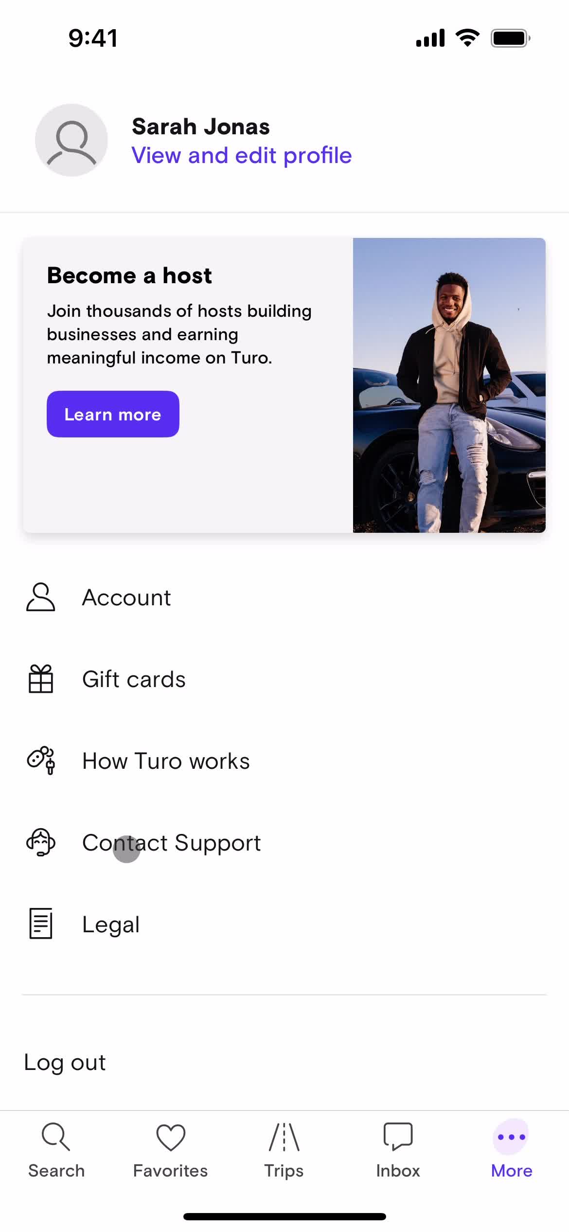 Turo profile menu screenshot