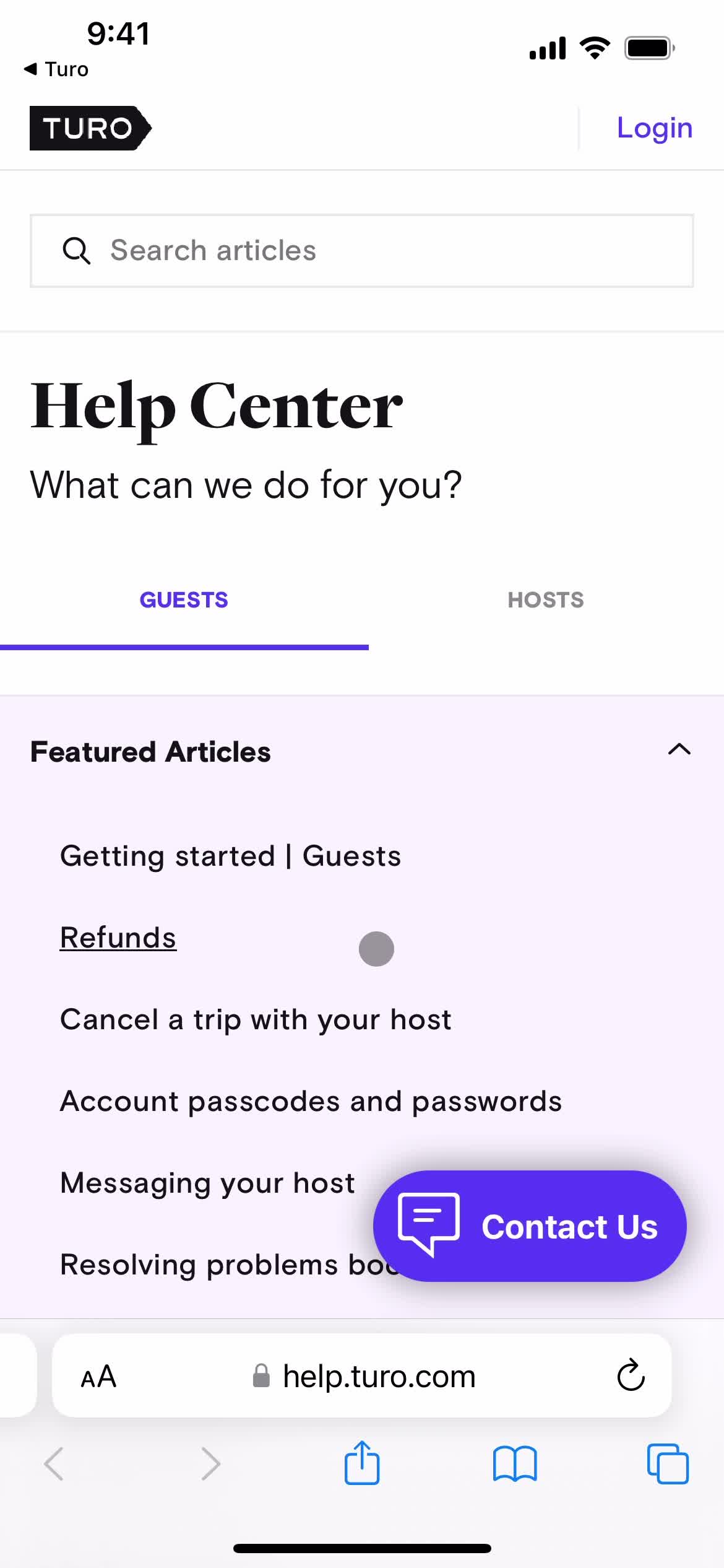 Turo help center screenshot