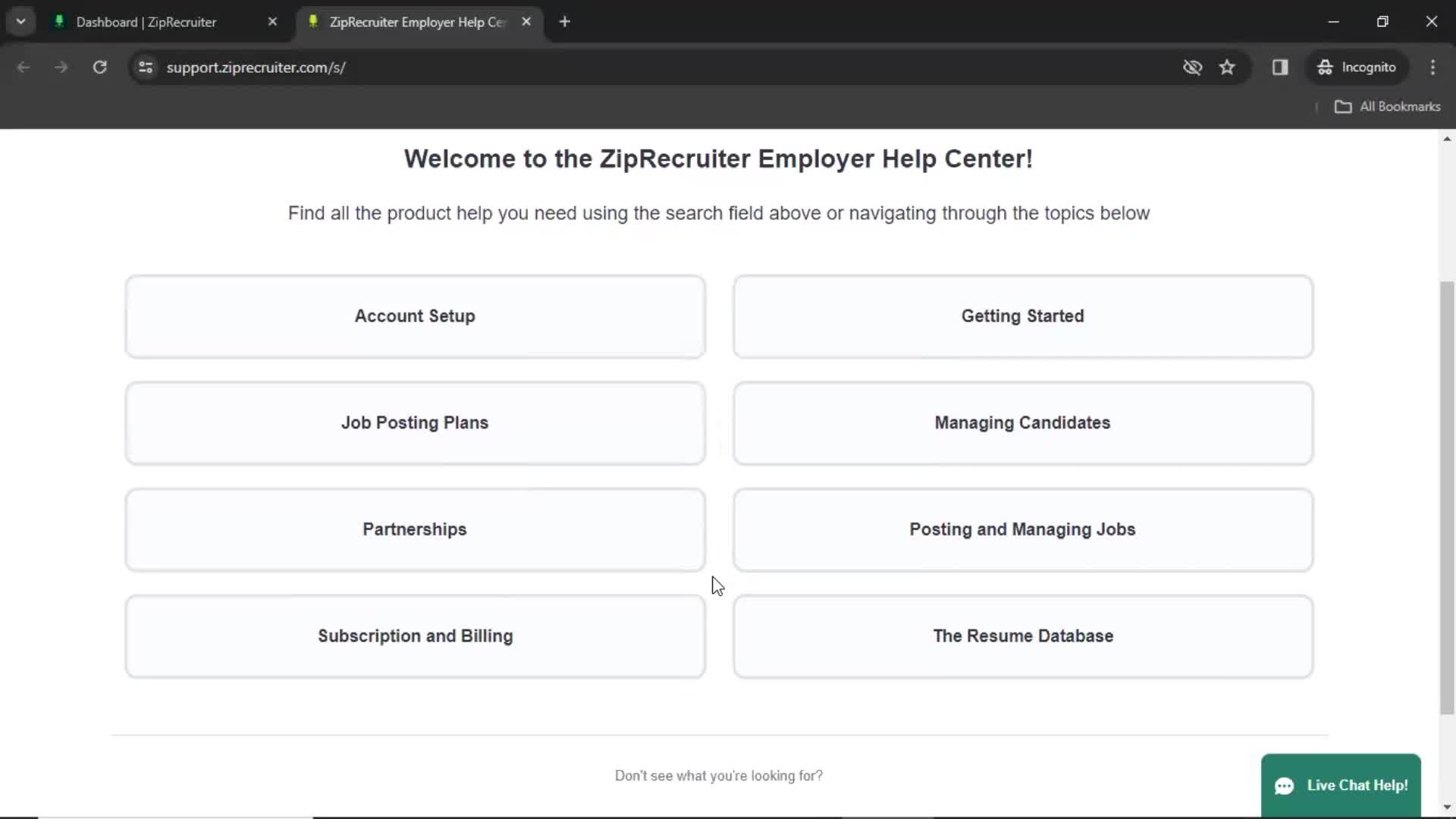 ZipRecruiter help center screenshot