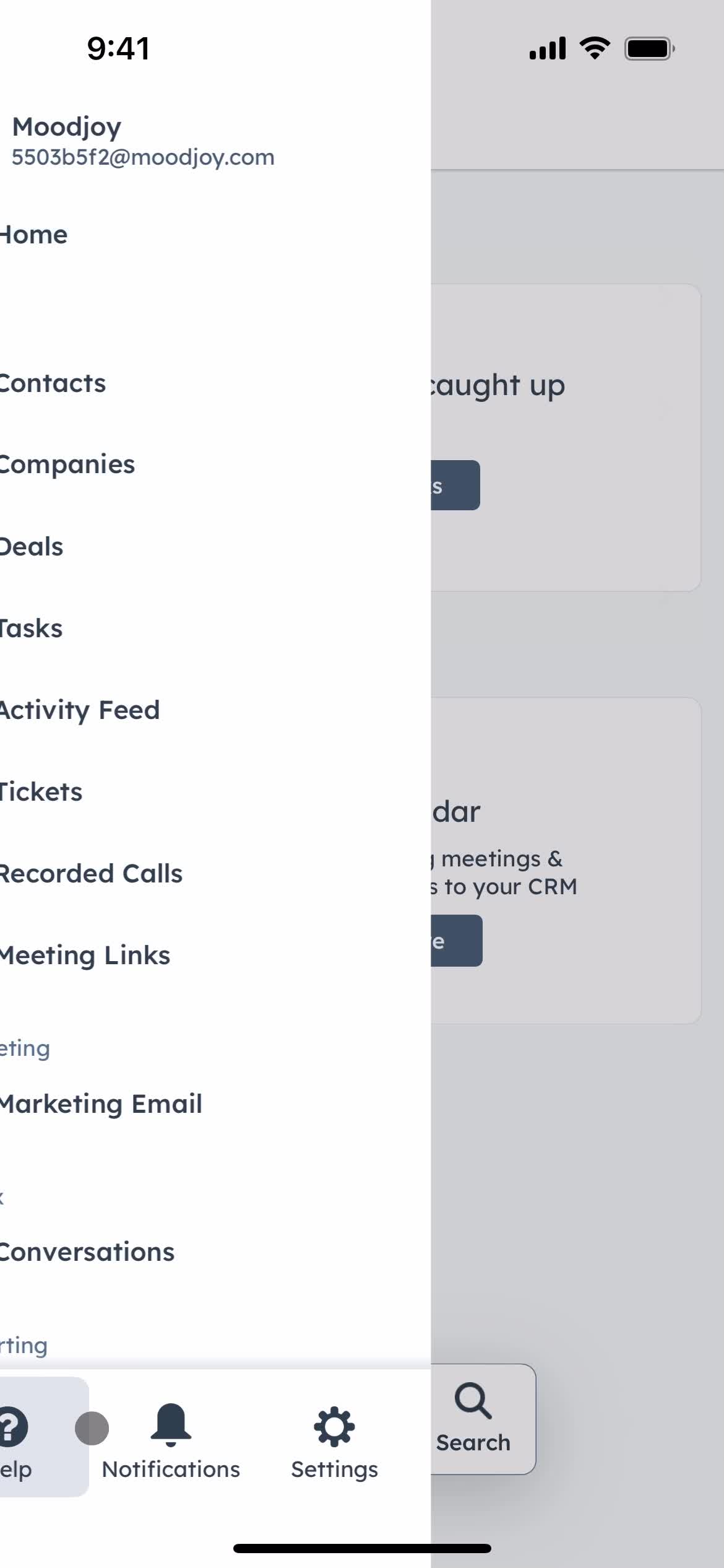 HubSpot CRM menu screenshot