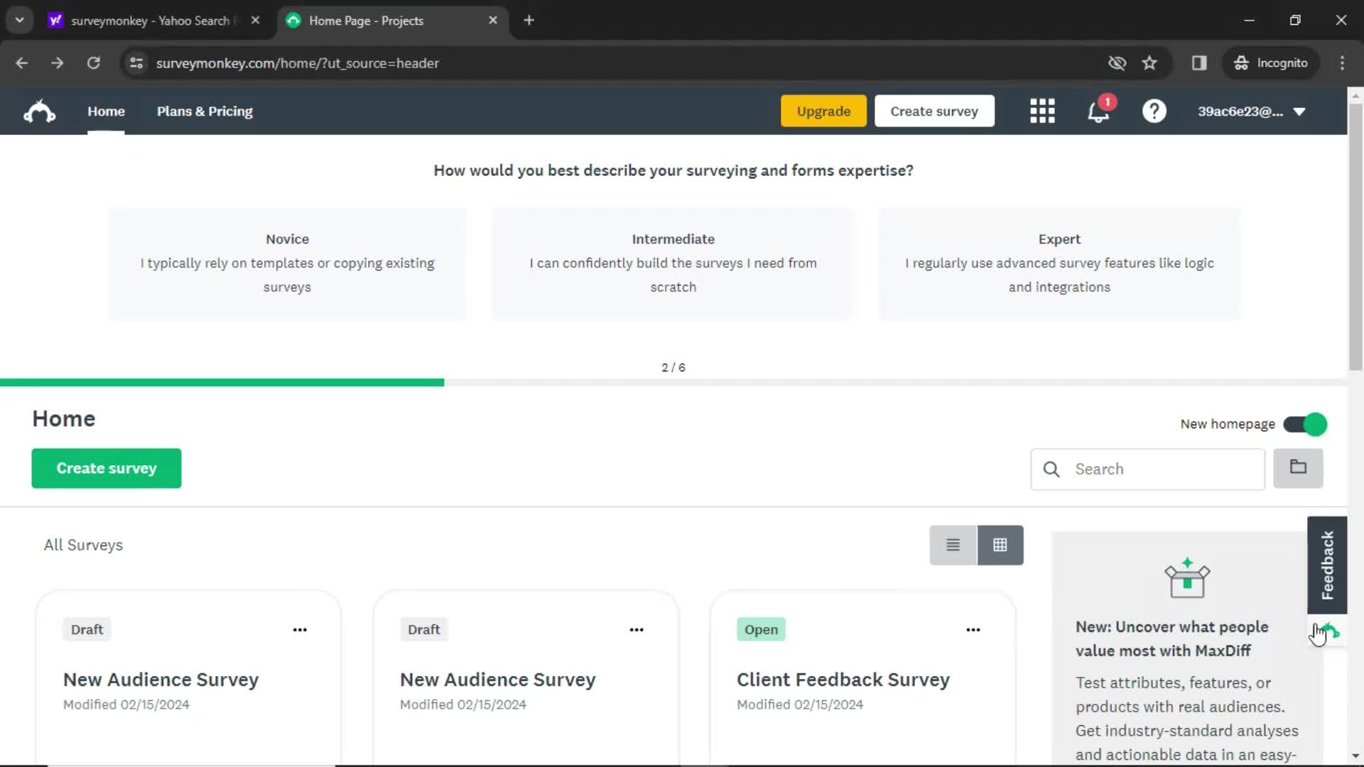 SurveyMonkey home screenshot