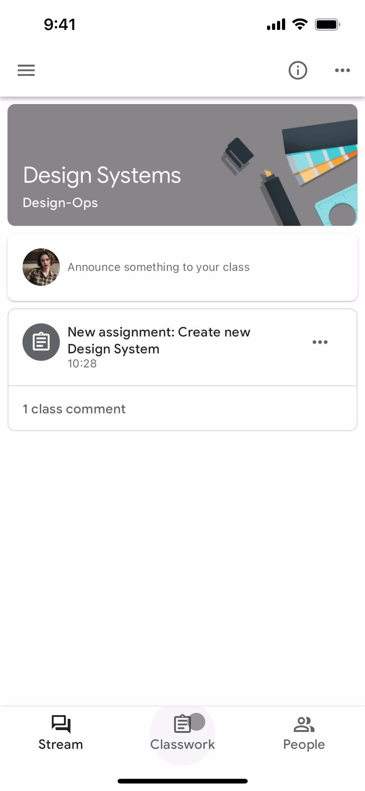 Google Classroom class details screenshot