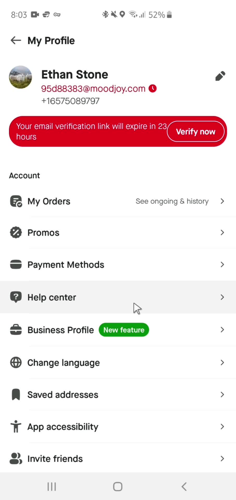 Gojek account menu screenshot