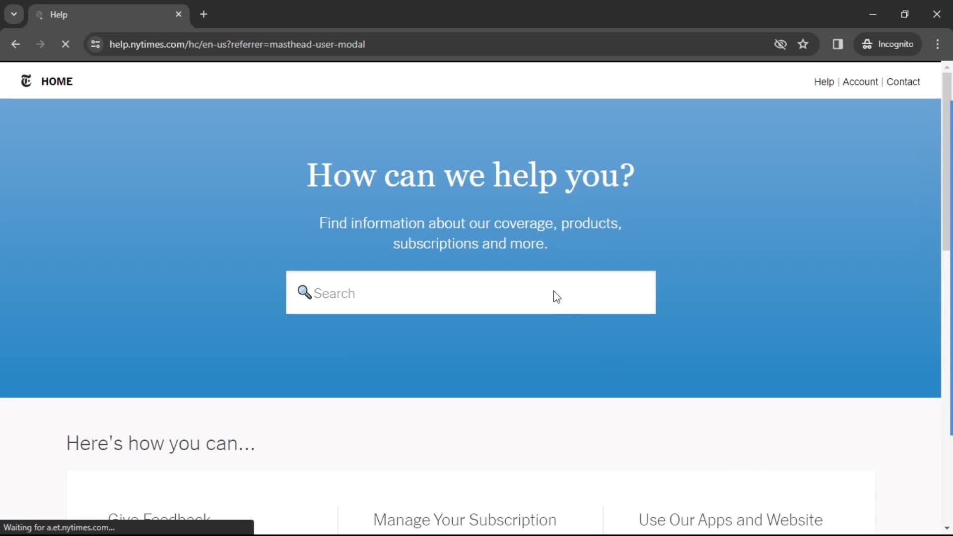 The New York Times help center screenshot