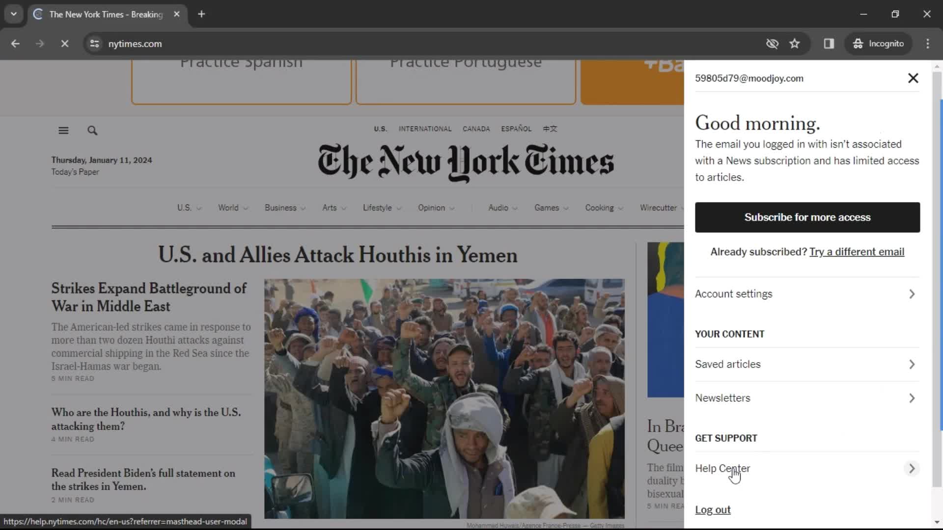 The New York Times account menu screenshot