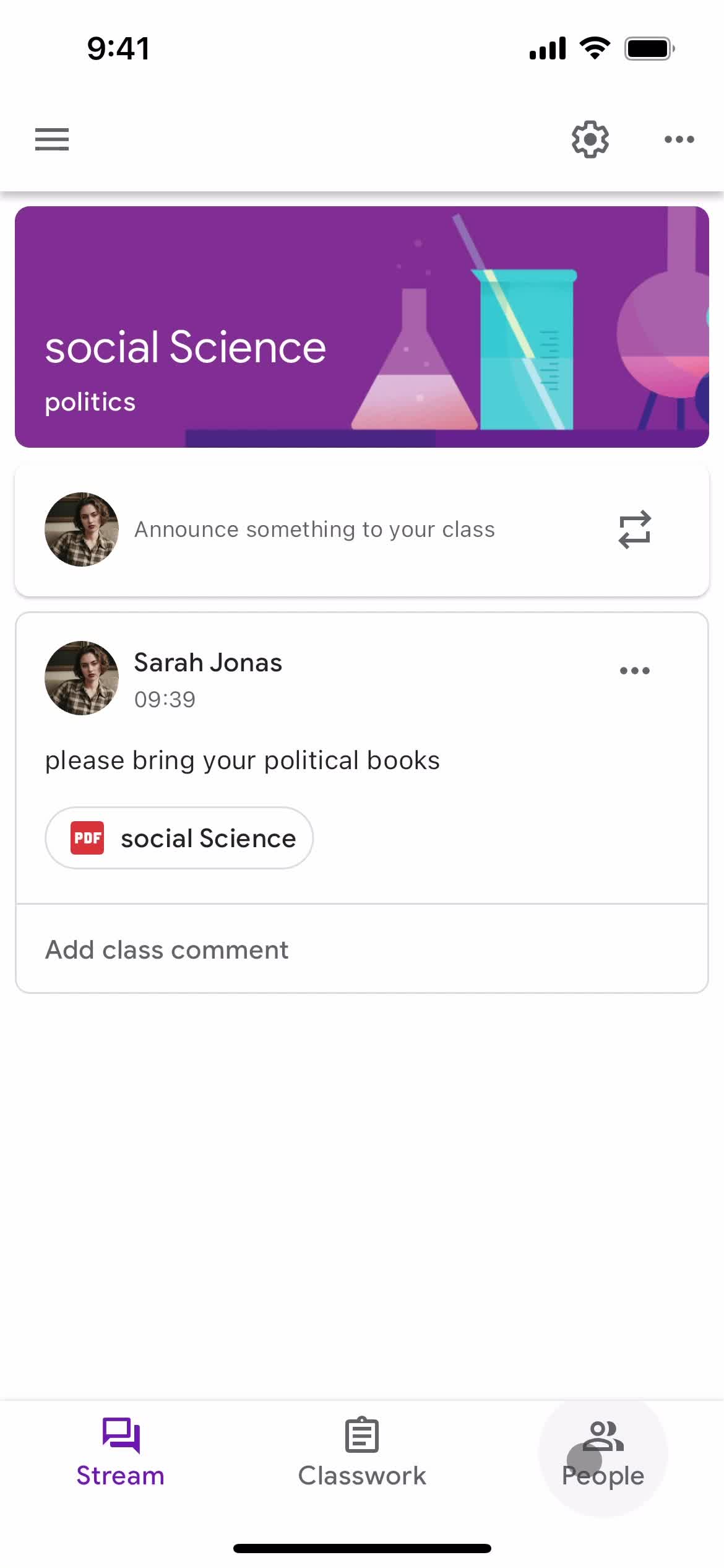 Google Classroom class details screenshot