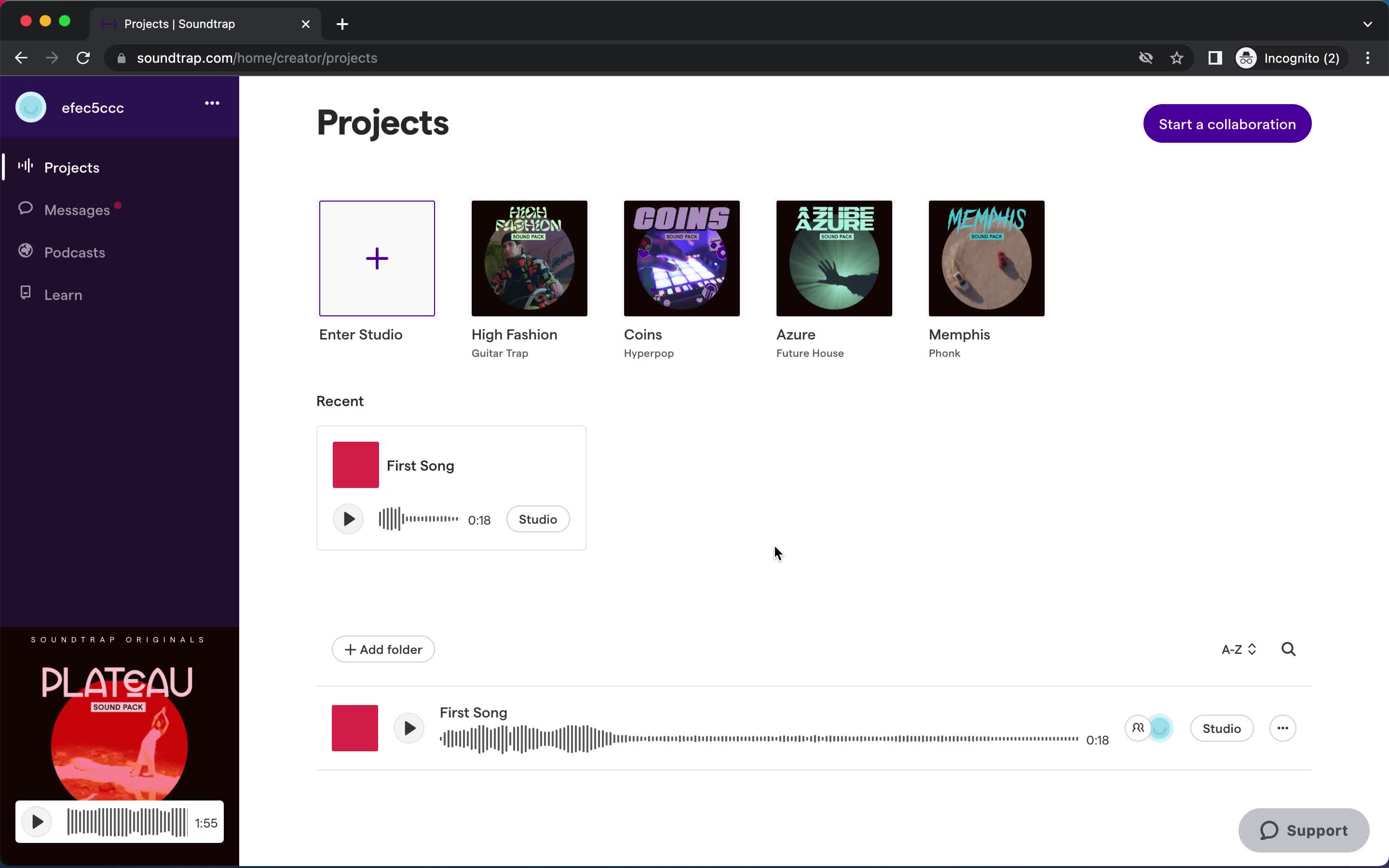 Soundtrap projects screenshot