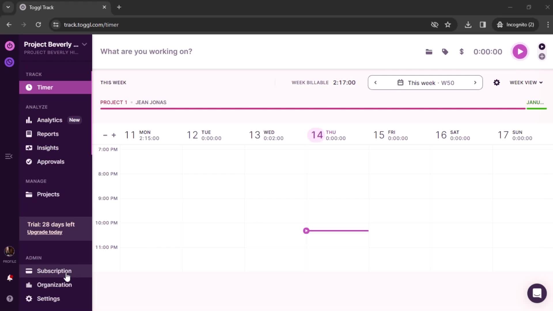 Toggl Track workspace screenshot