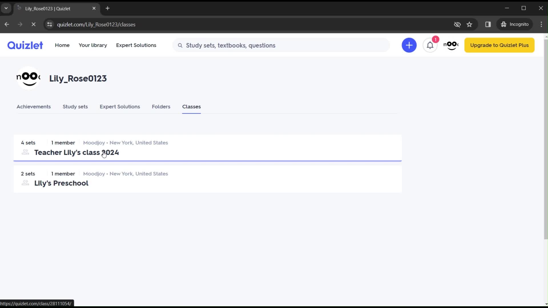 Quizlet classes screenshot