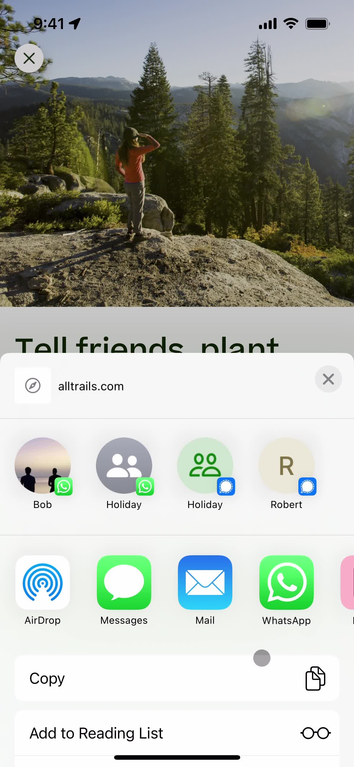 AllTrails share sheet screenshot