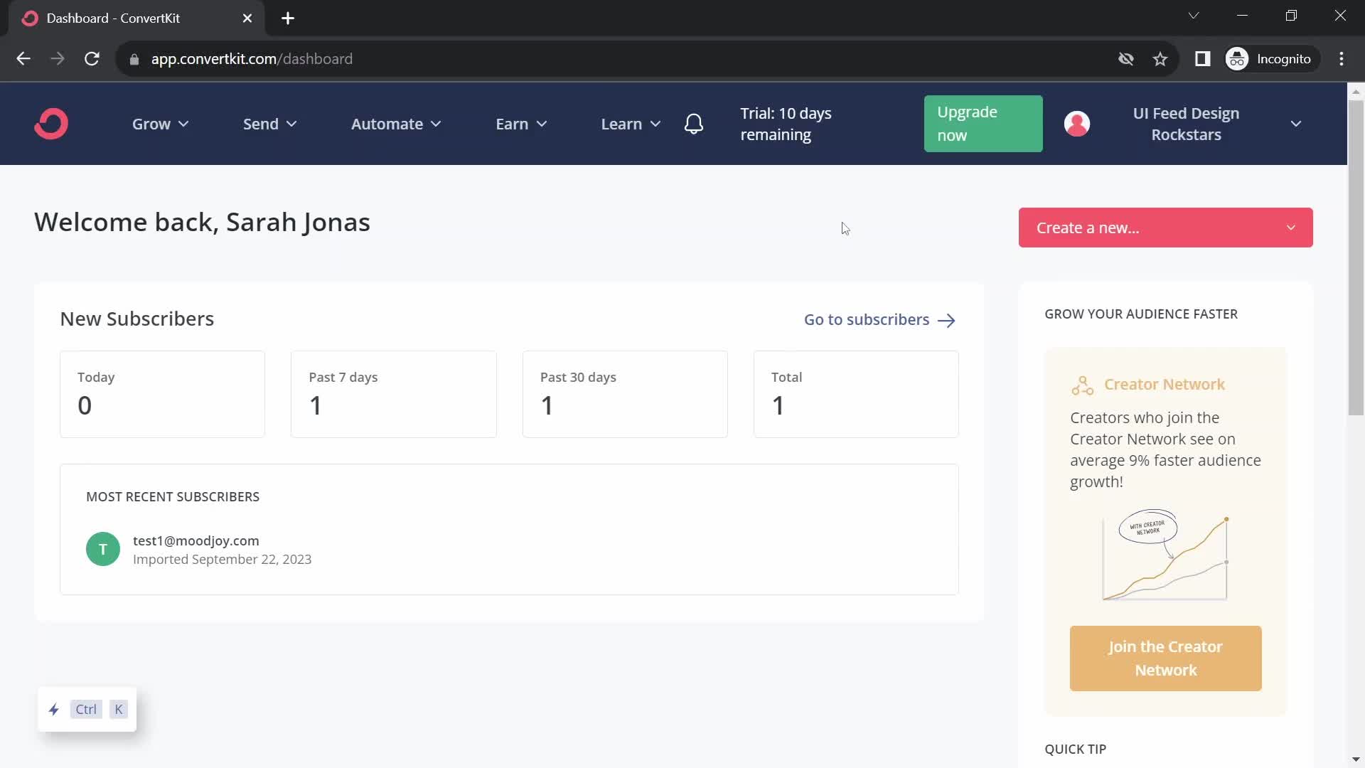 ConvertKit dashboard screenshot