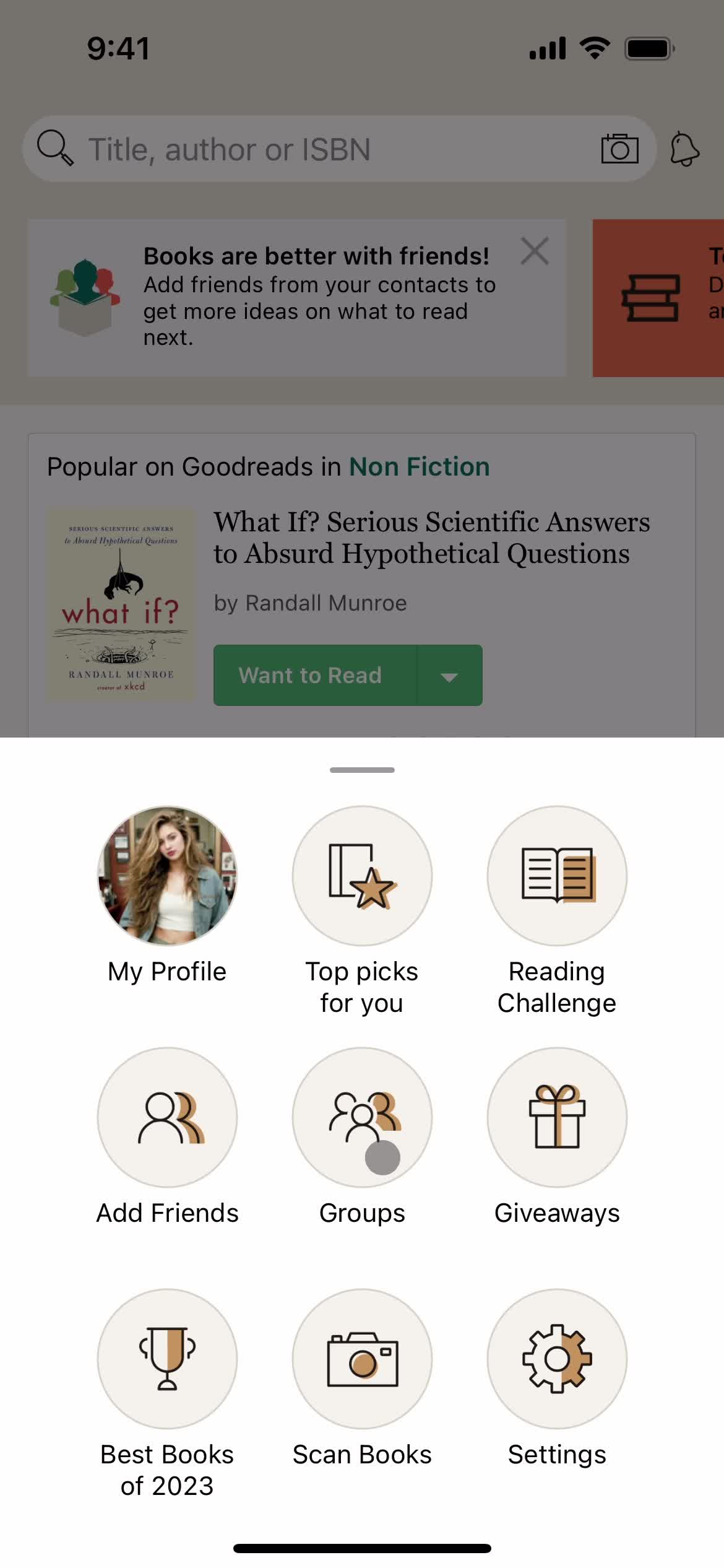 Goodreads account menu screenshot