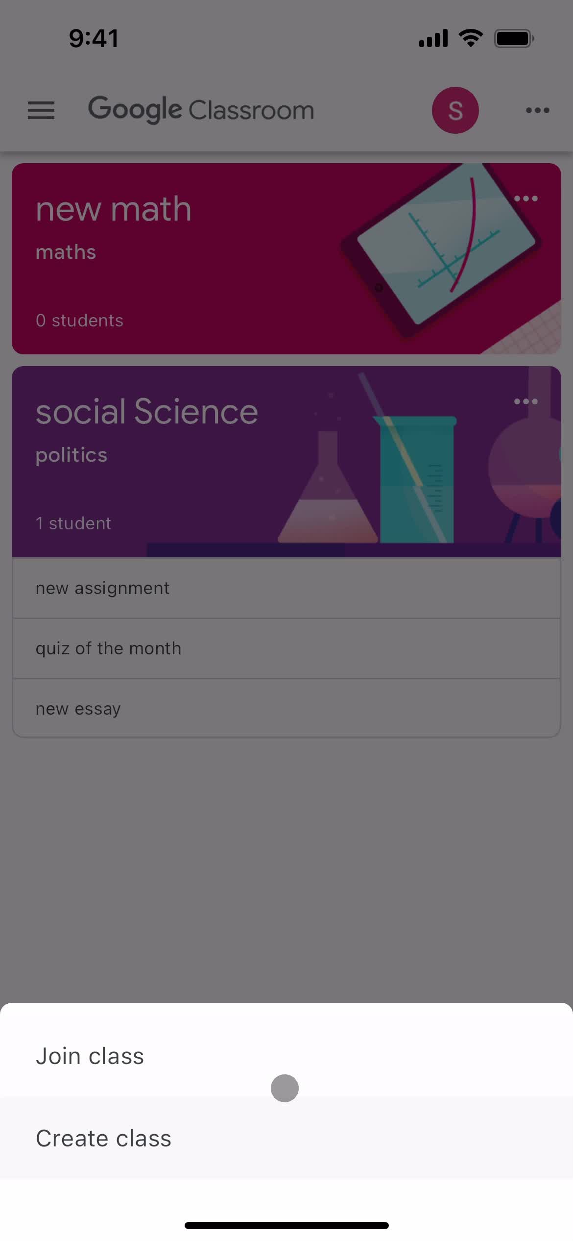 Google Classroom action menu screenshot