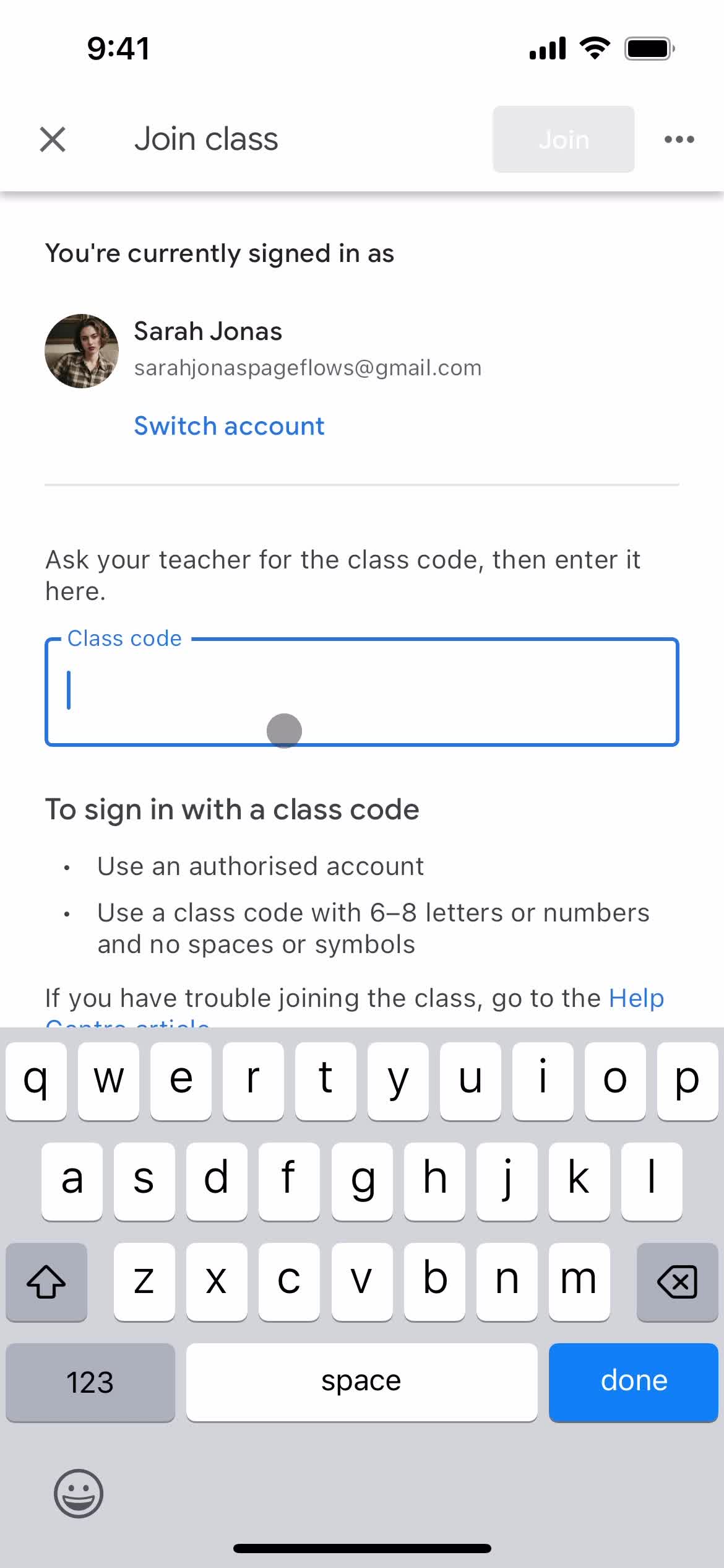 Google Classroom enter code screenshot