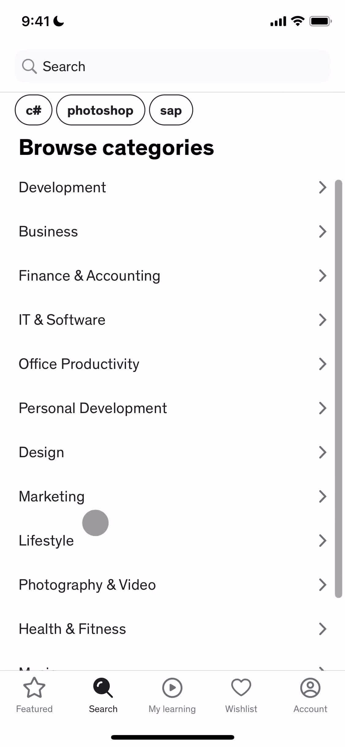 Udemy categories screenshot