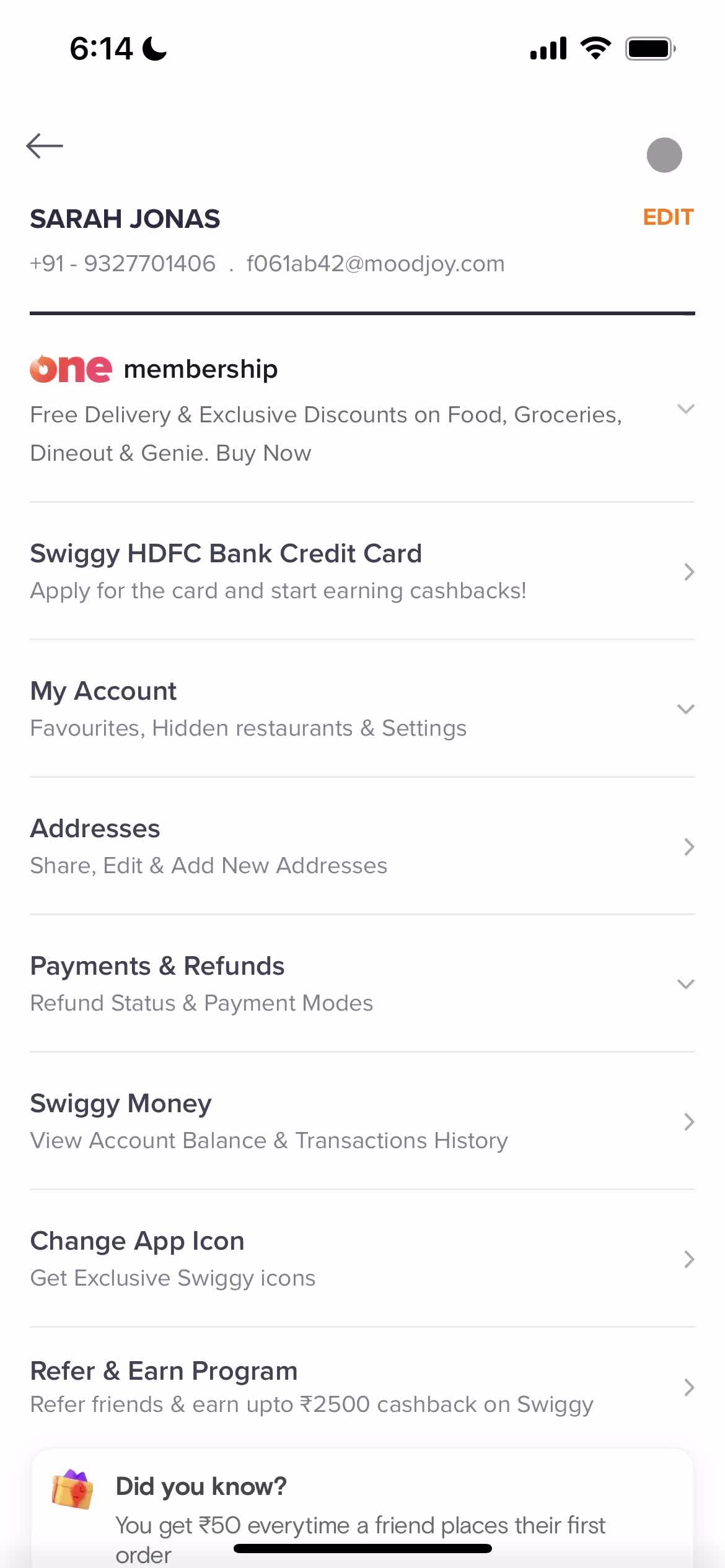 Swiggy account screenshot