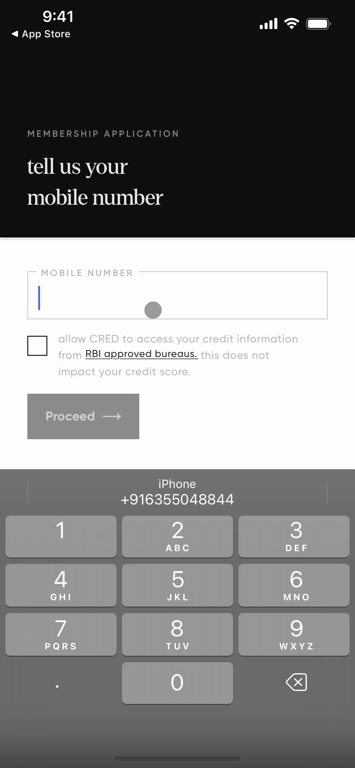 CRED enter phone number screenshot