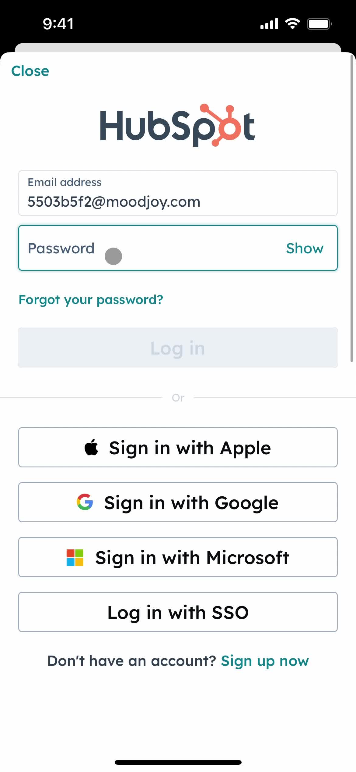 HubSpot CRM enter password screenshot