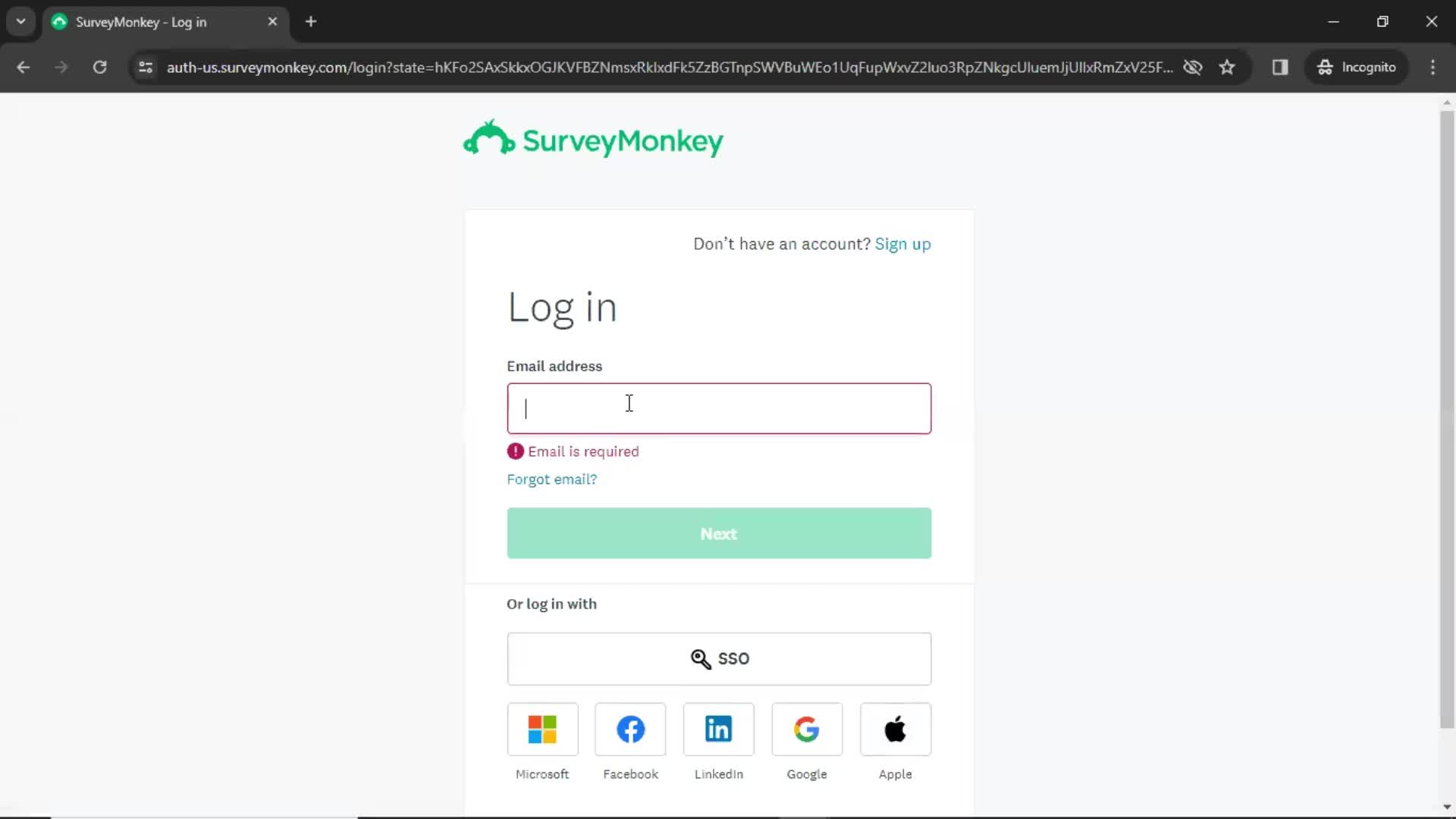 SurveyMonkey enter email screenshot