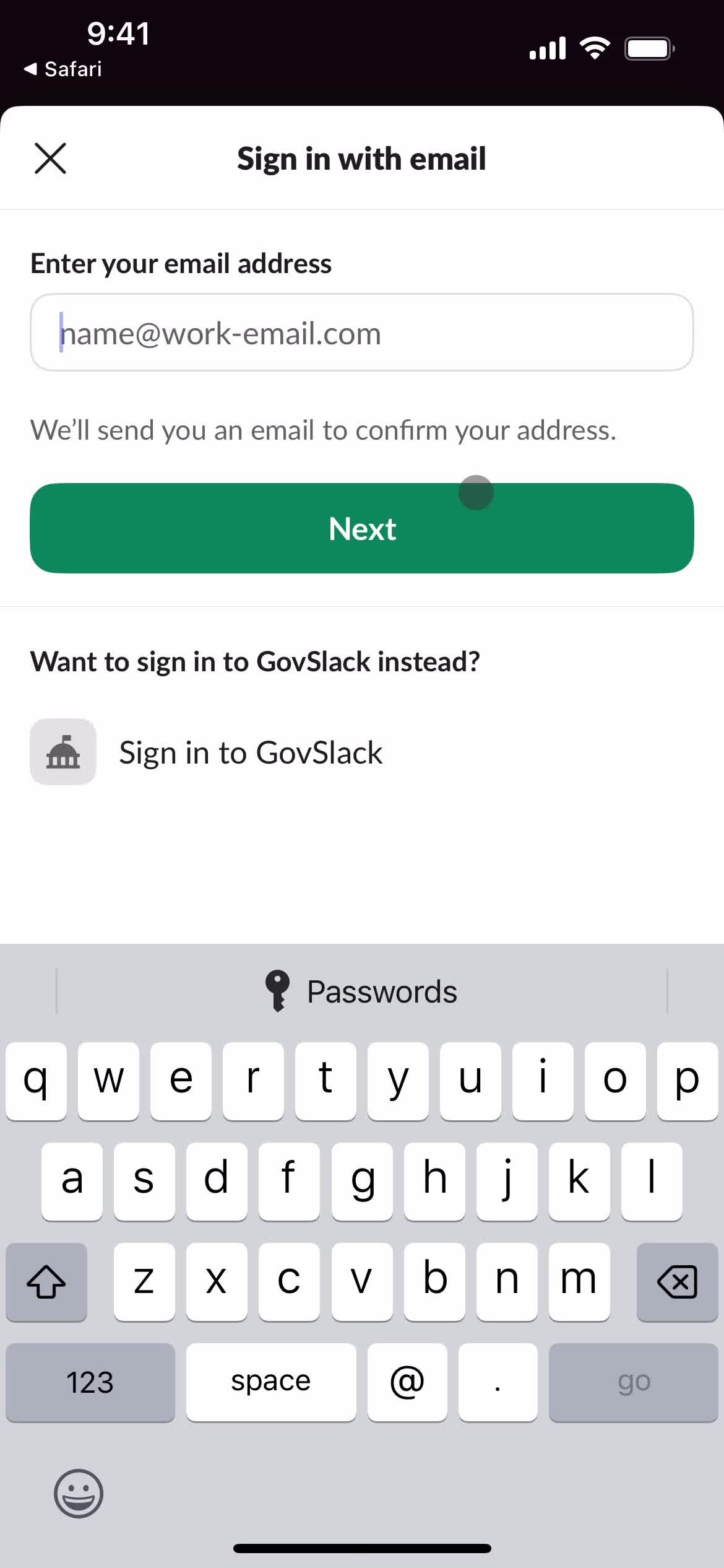 Slack sign in screenshot