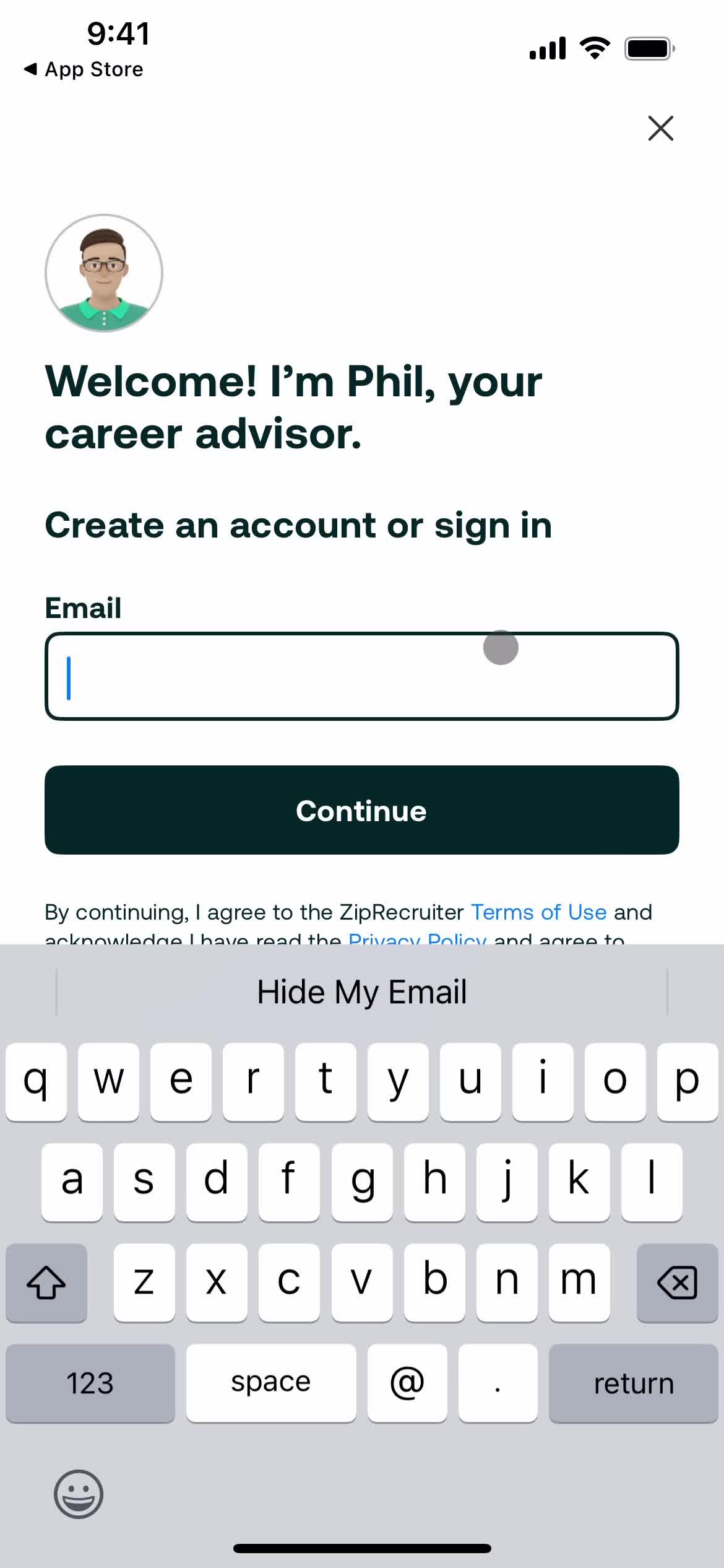 ZipRecruiter enter email screenshot