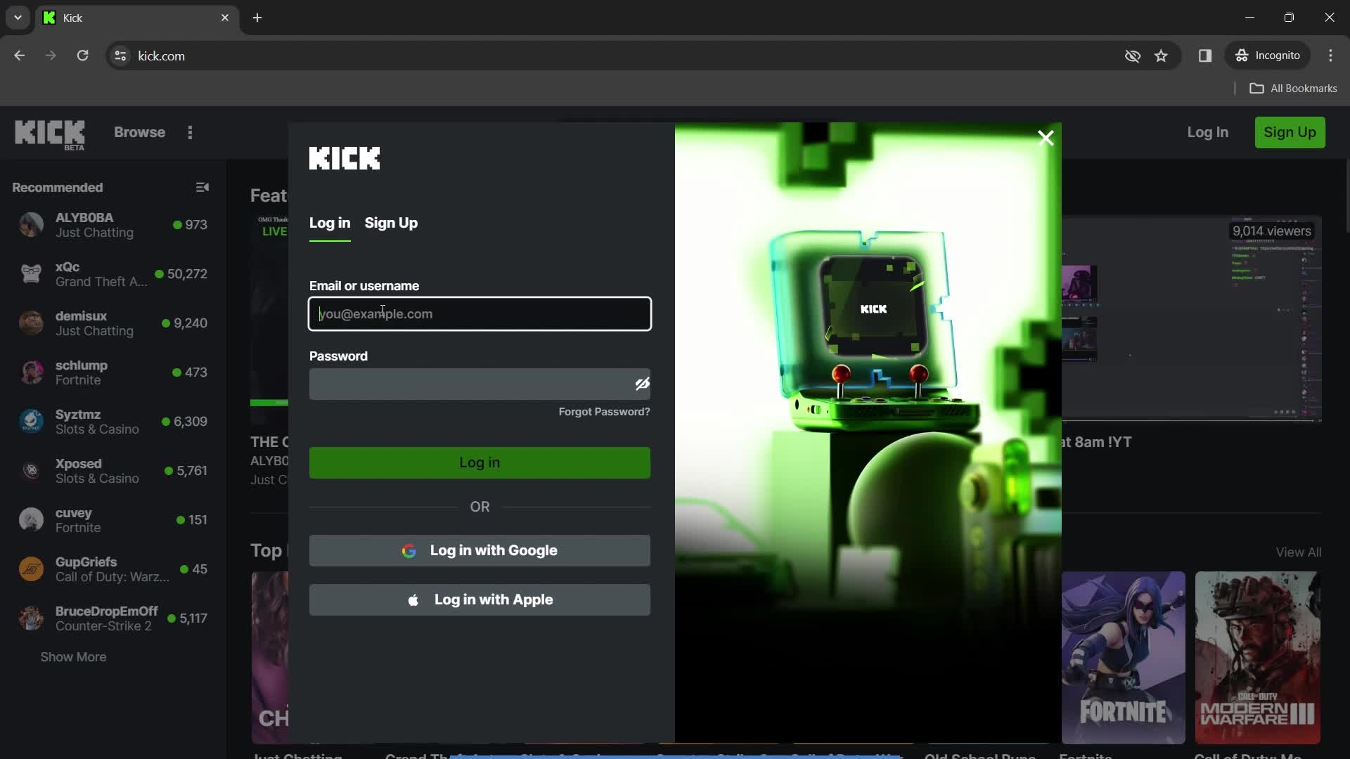 Kick log in screenshot