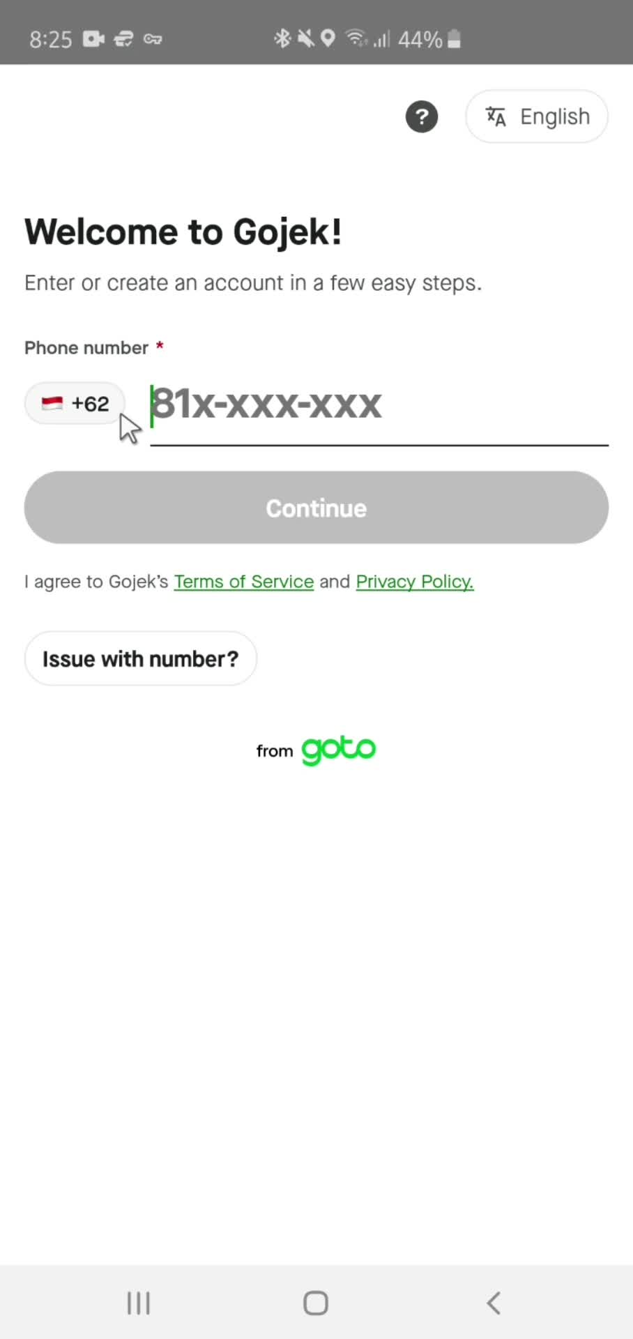 Gojek login screenshot