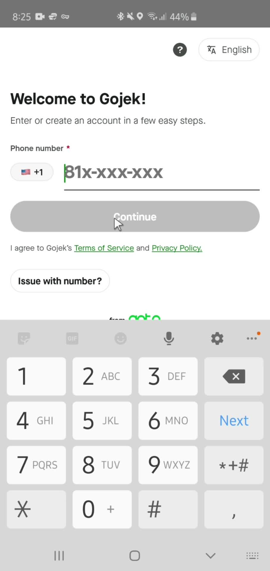 Gojek enter phone number screenshot