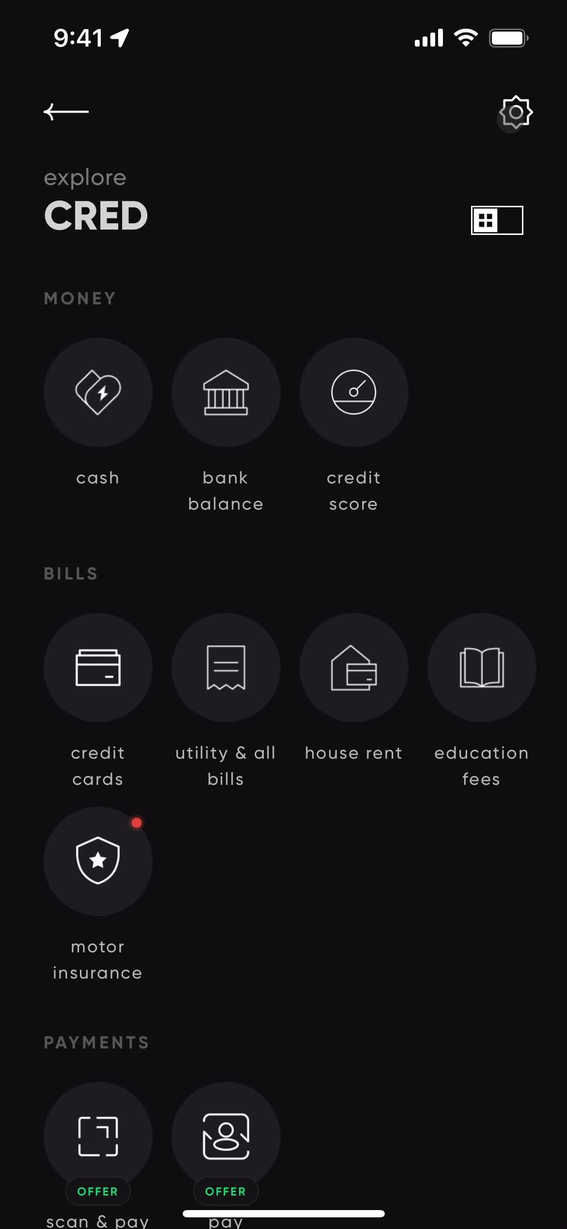 CRED categories screenshot