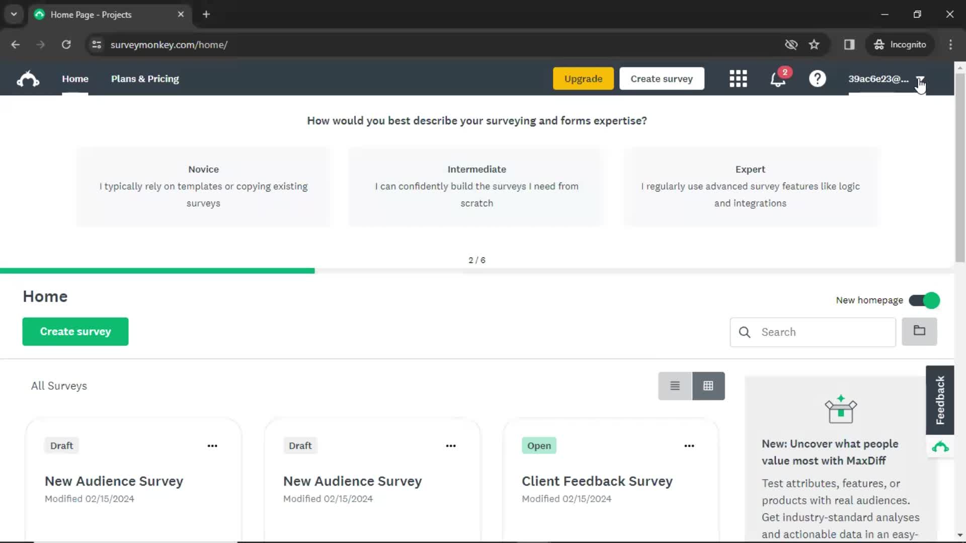 SurveyMonkey home screenshot