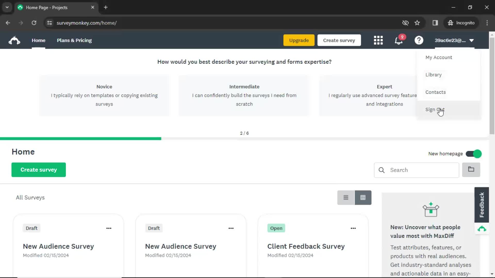 SurveyMonkey log out screenshot