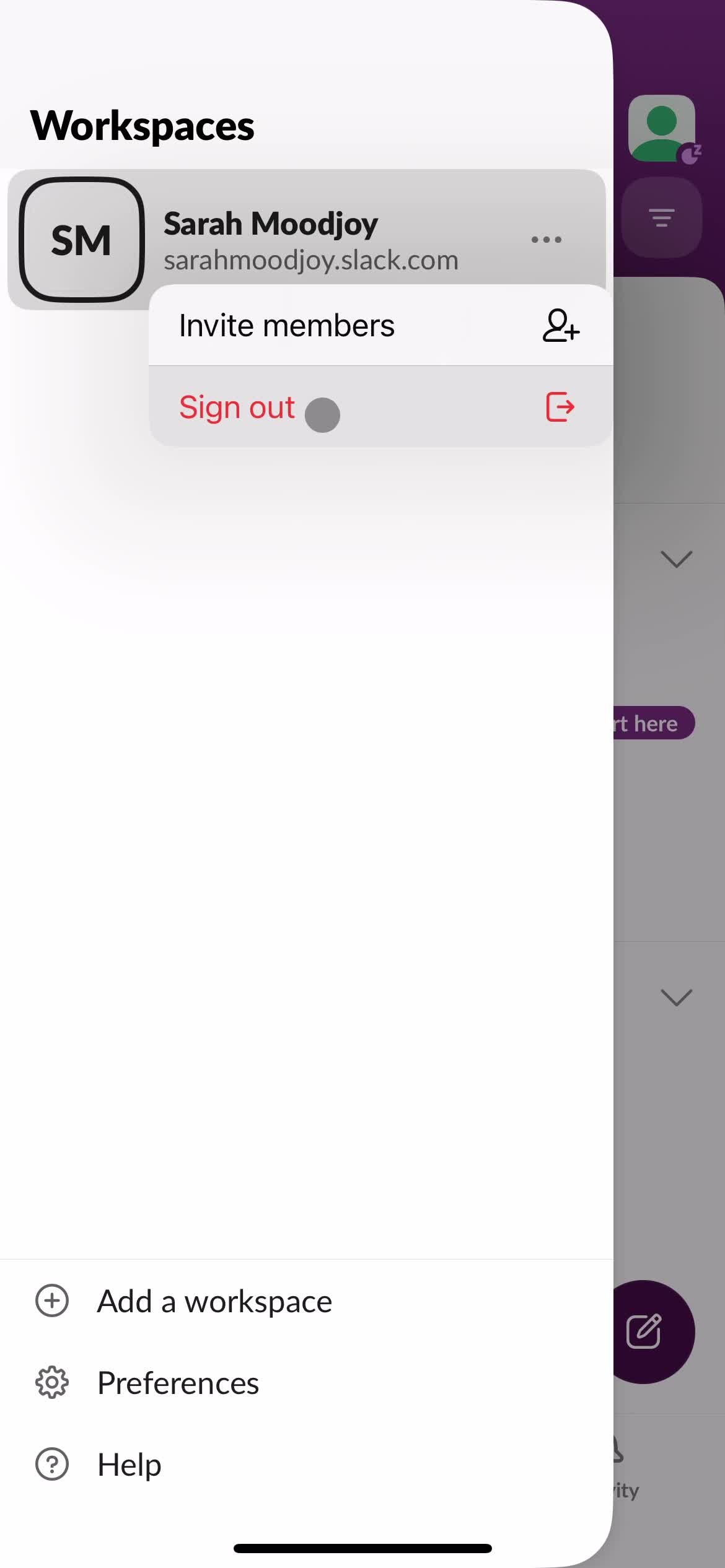 Slack sign out screenshot