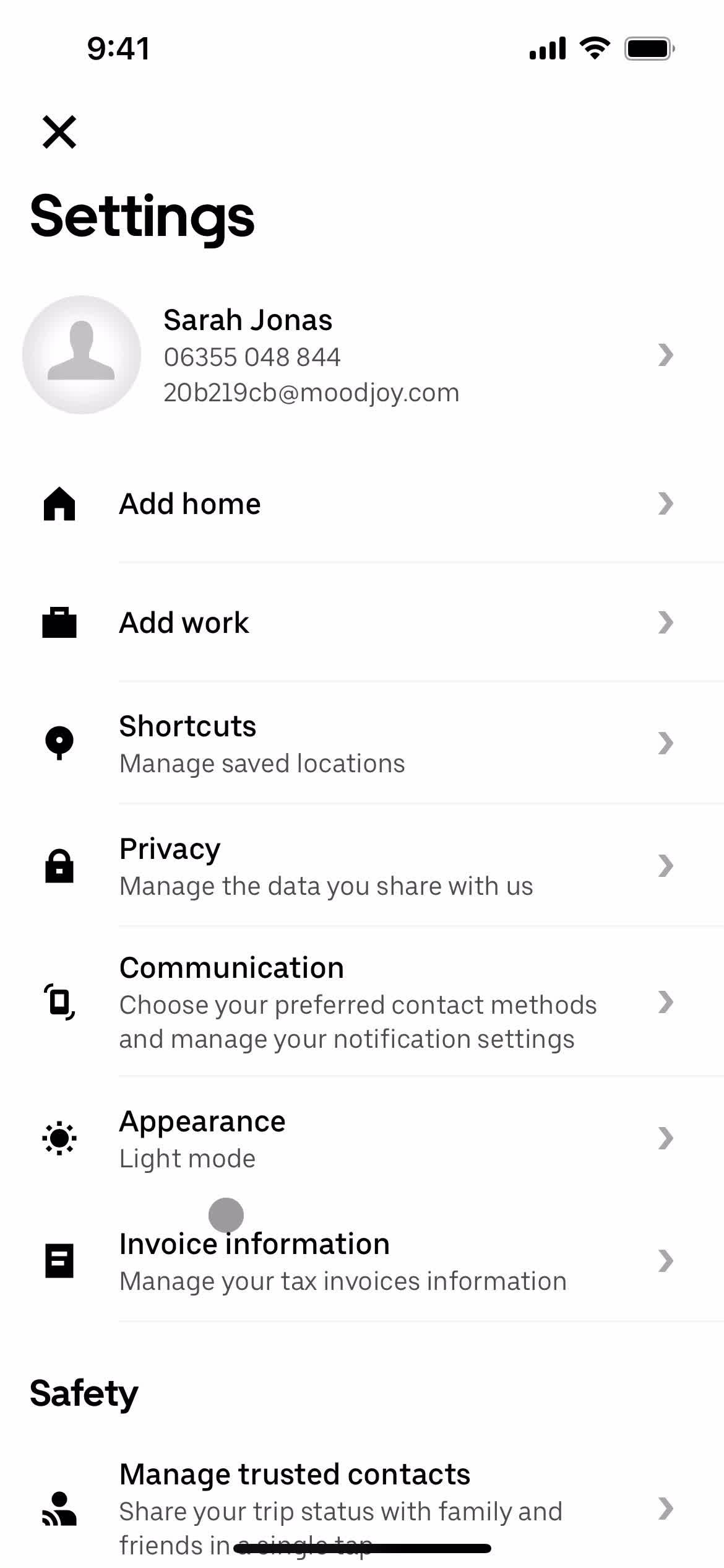 Uber settings screenshot