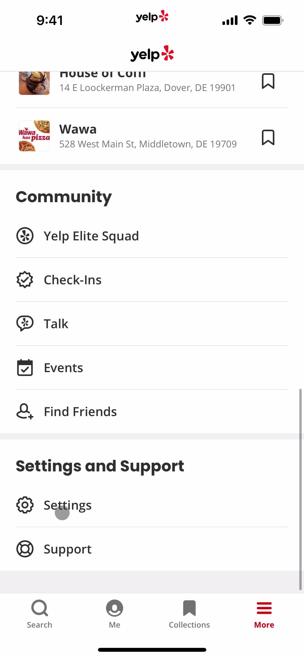 Yelp account menu screenshot