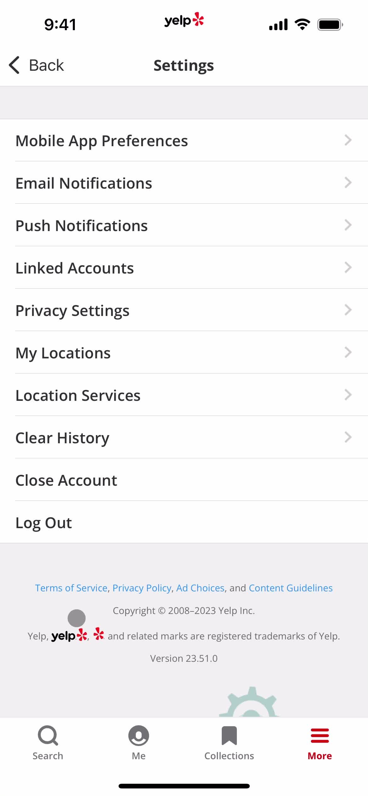 Yelp settings screenshot