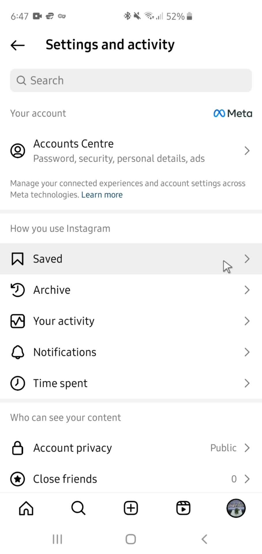 Instagram settings screenshot