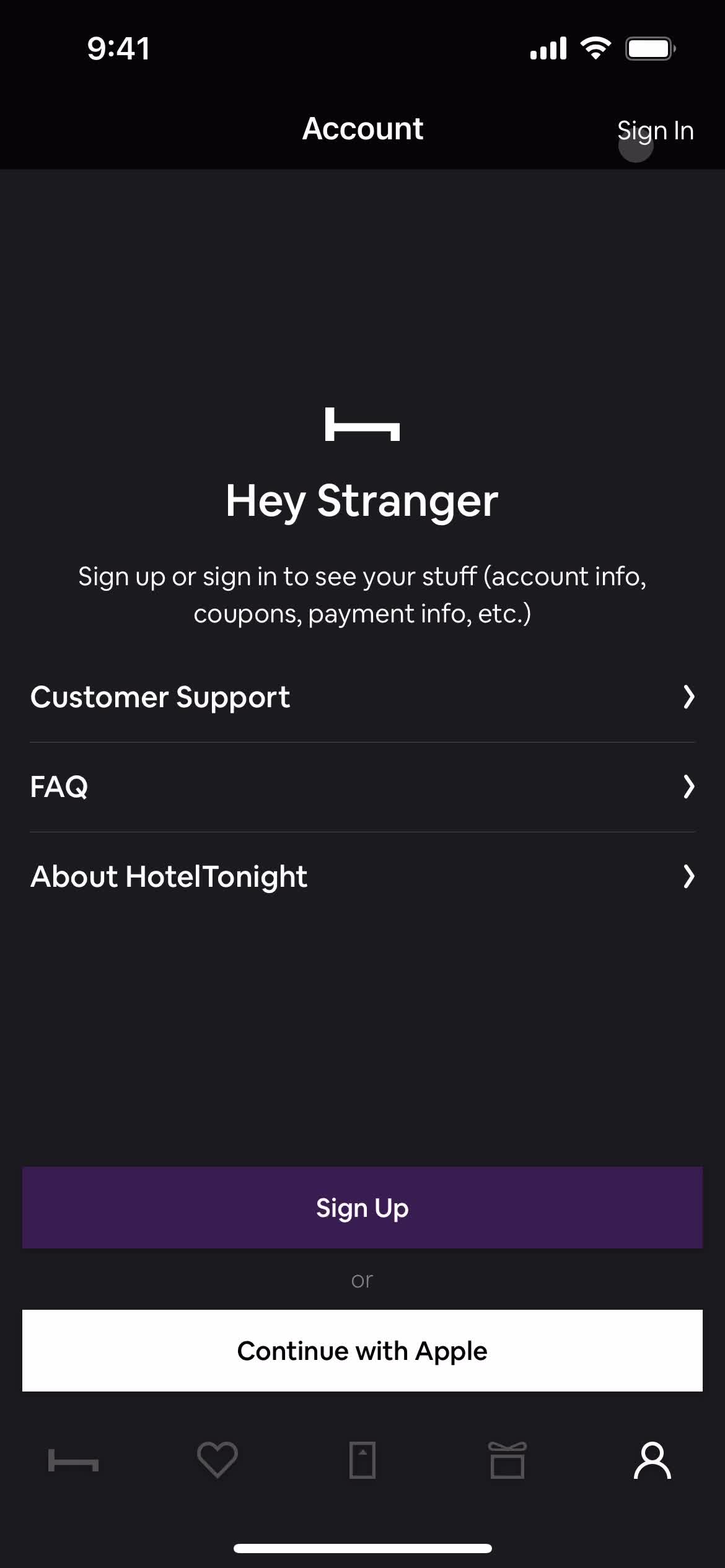 HotelTonight account screenshot