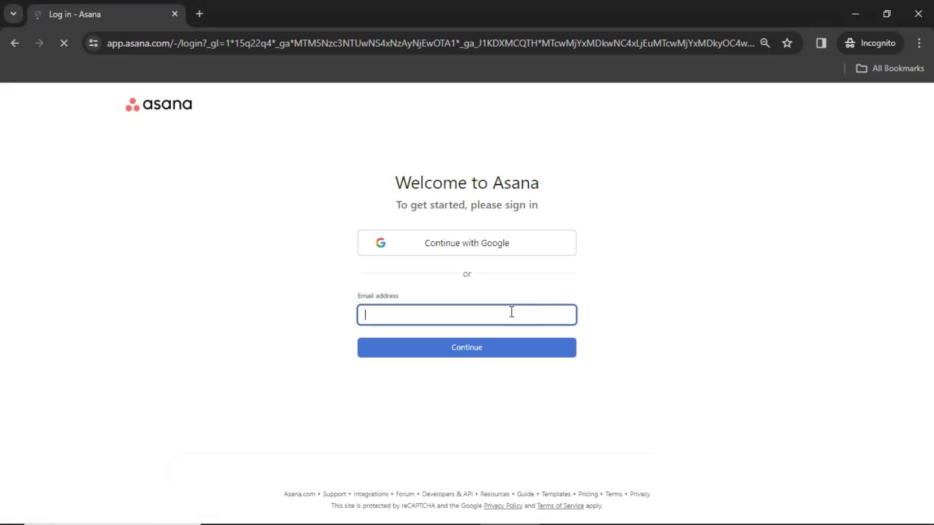 Asana enter email screenshot