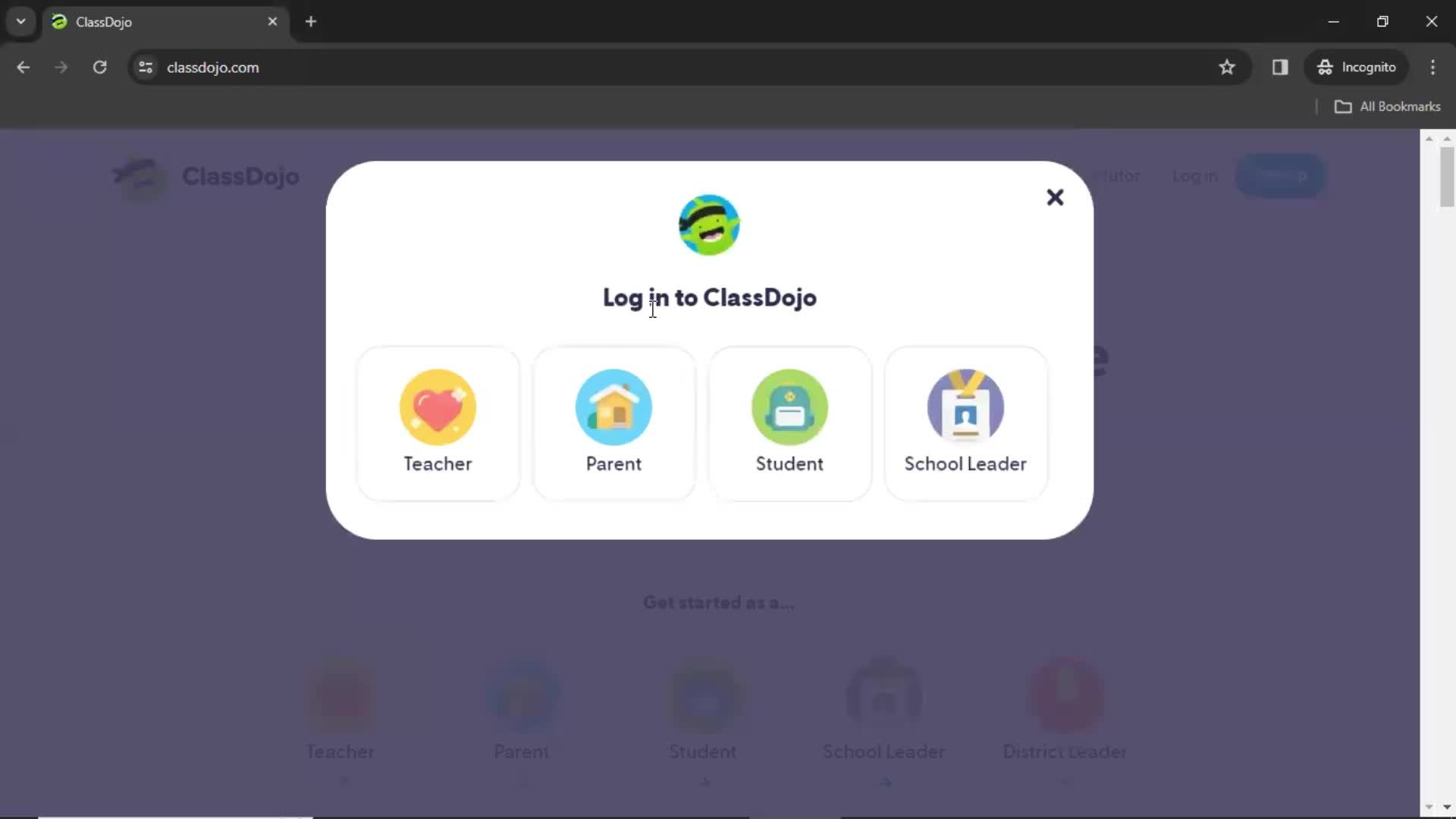 ClassDojo select role screenshot