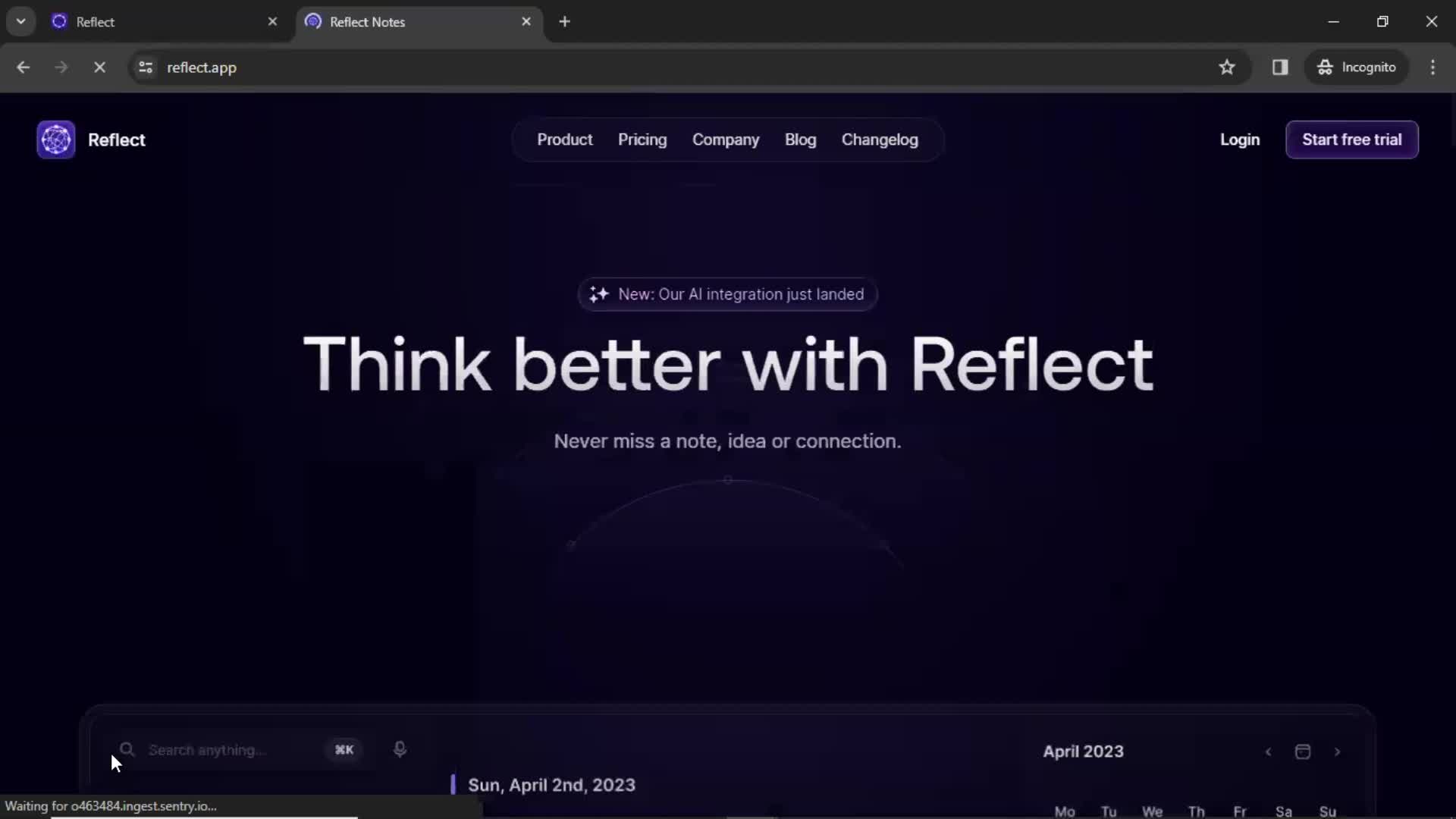 Reflect homepage screenshot