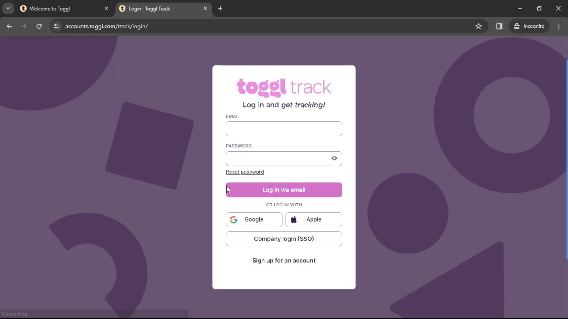 Toggl Track login screenshot