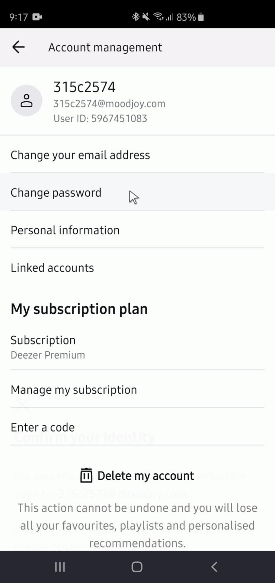 Deezer account settings screenshot