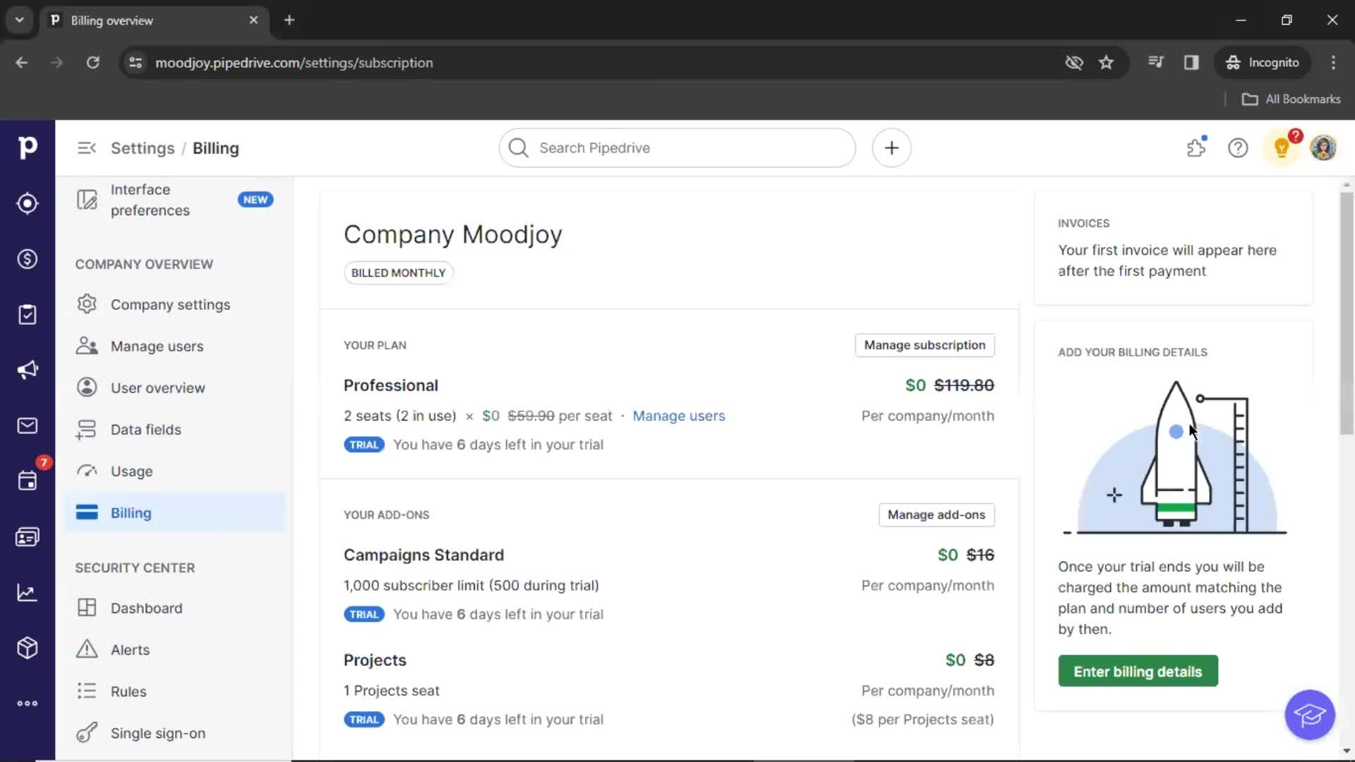 Pipedrive billing screenshot