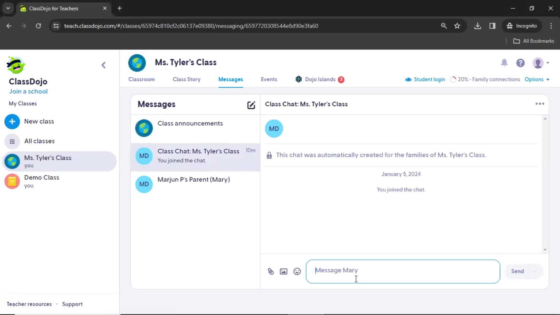 ClassDojo add message screenshot