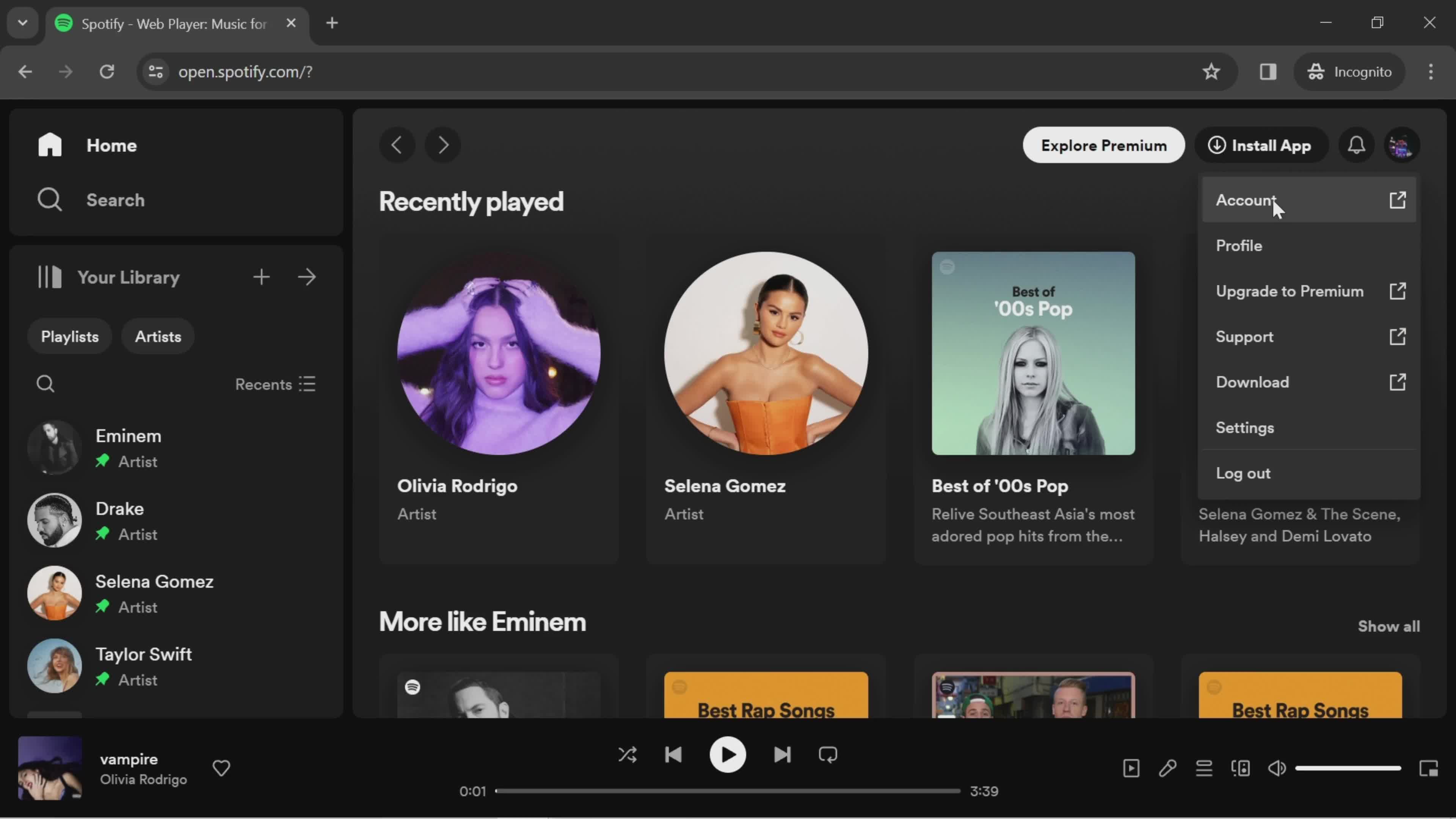 Spotify account menu screenshot